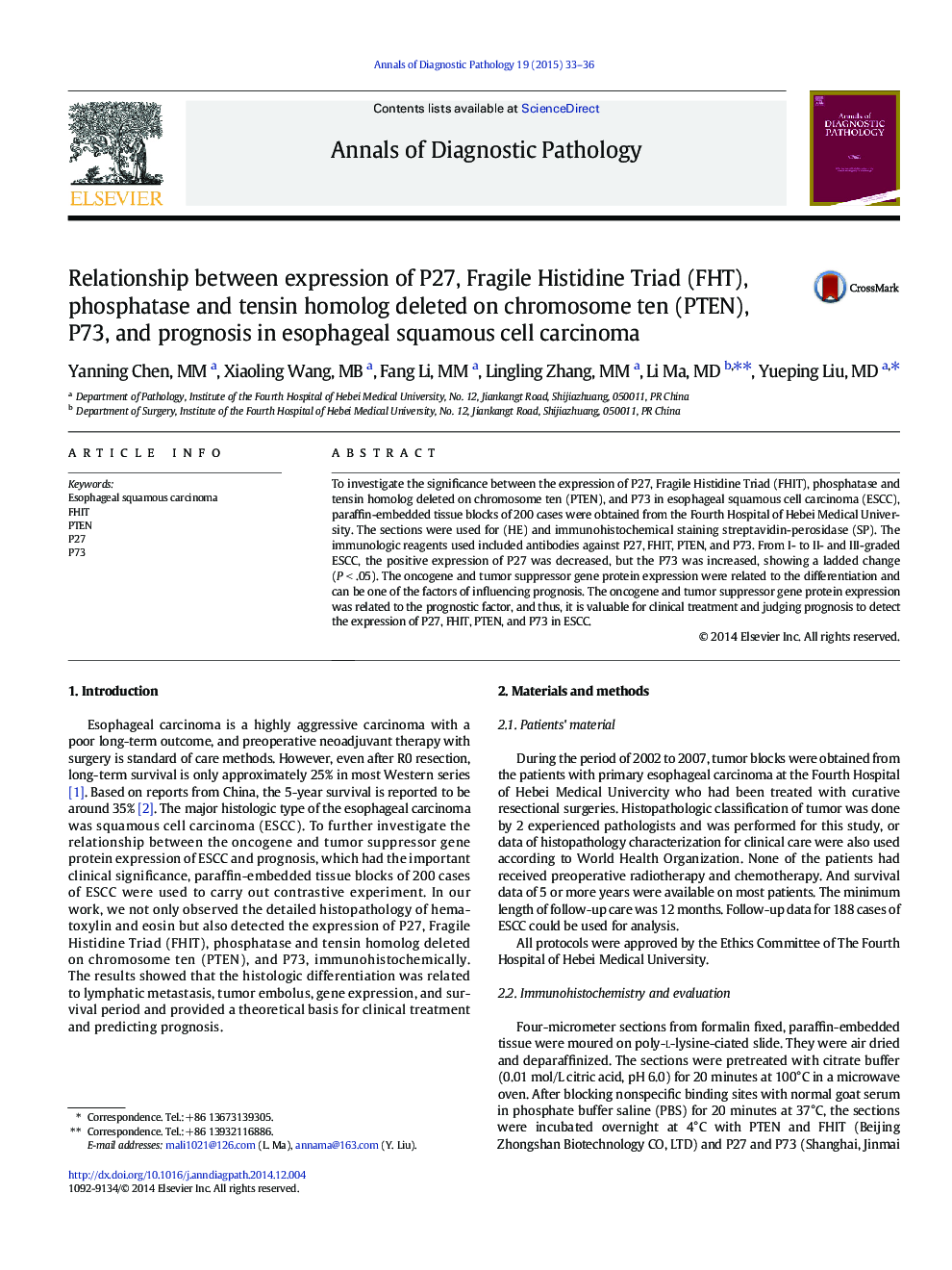 Relationship between expression of P27, Fragile Histidine Triad (FHT), phosphatase and tensin homolog deleted on chromosome ten (PTEN), P73, and prognosis in esophageal squamous cell carcinoma