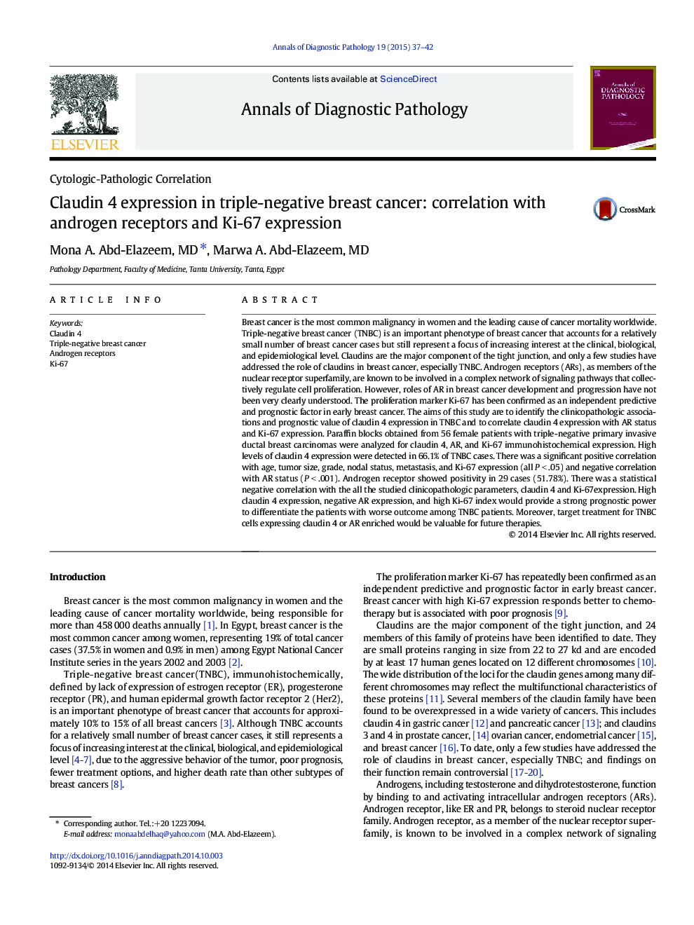 Claudin 4 expression in triple-negative breast cancer: correlation with androgen receptors and Ki-67 expression