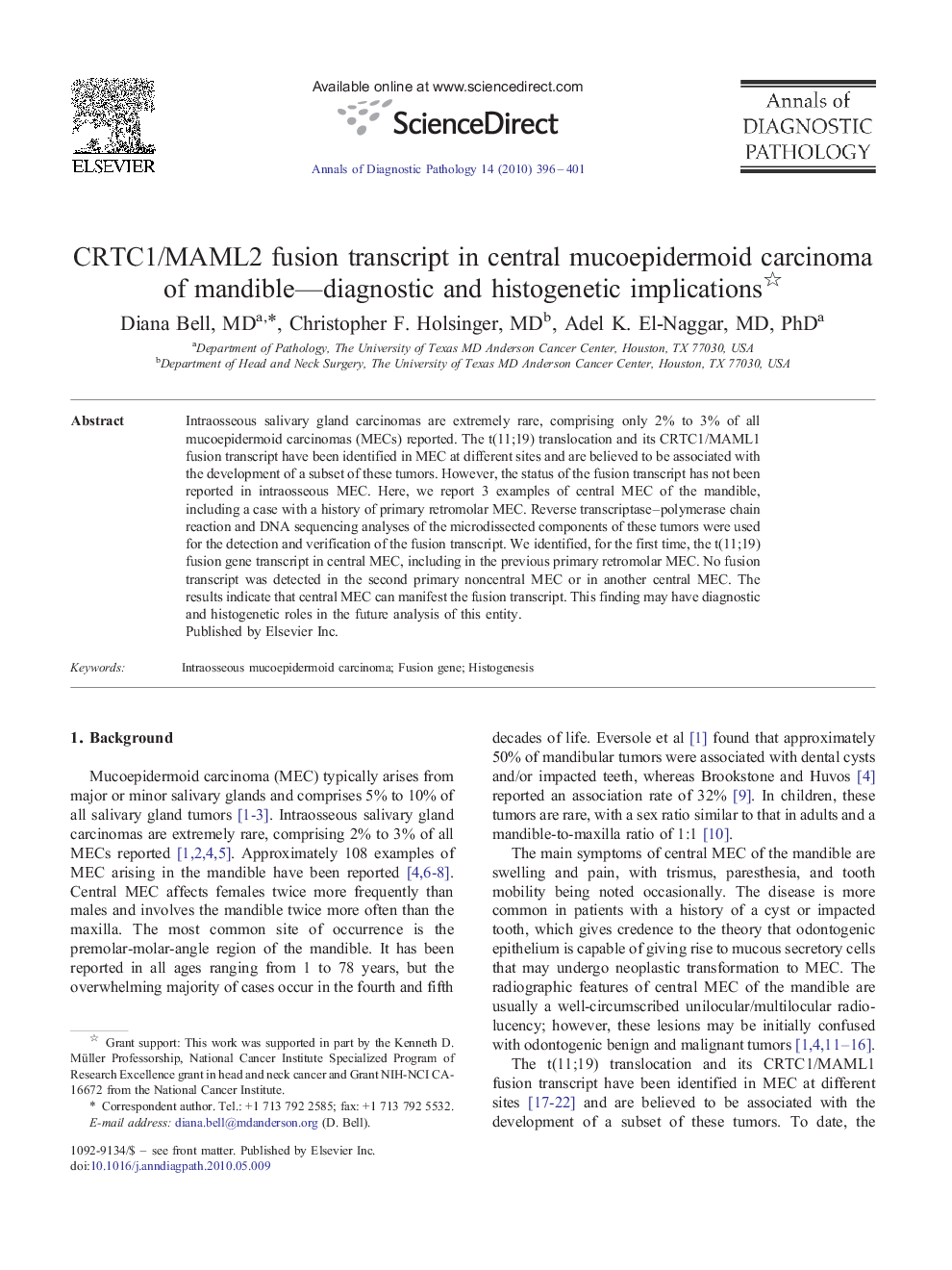 CRTC1/MAML2 fusion transcript in central mucoepidermoid carcinoma of mandible—diagnostic and histogenetic implications 