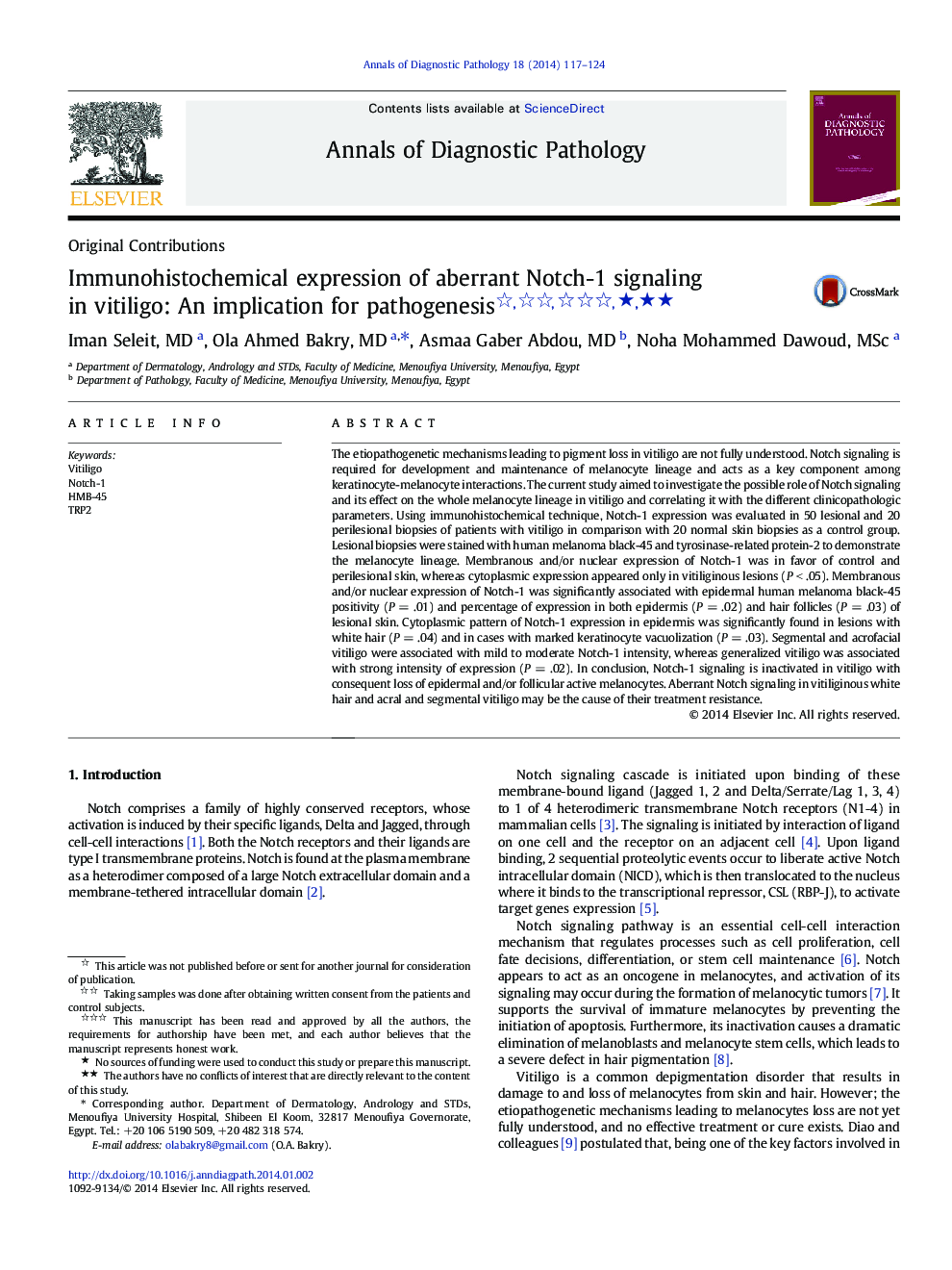 Immunohistochemical expression of aberrant Notch-1 signaling in vitiligo: An implication for pathogenesis ★★★