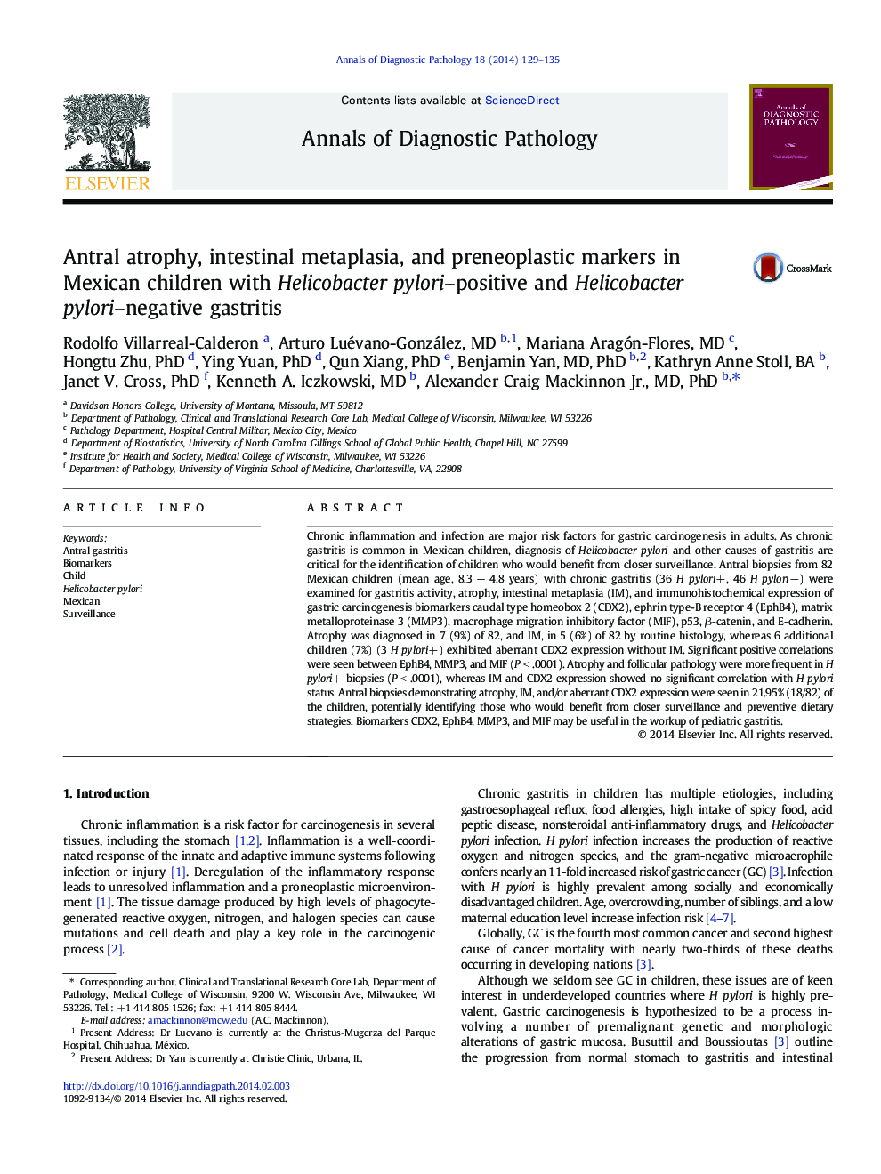 Antral atrophy, intestinal metaplasia, and preneoplastic markers in Mexican children with Helicobacter pylori–positive and Helicobacter pylori–negative gastritis