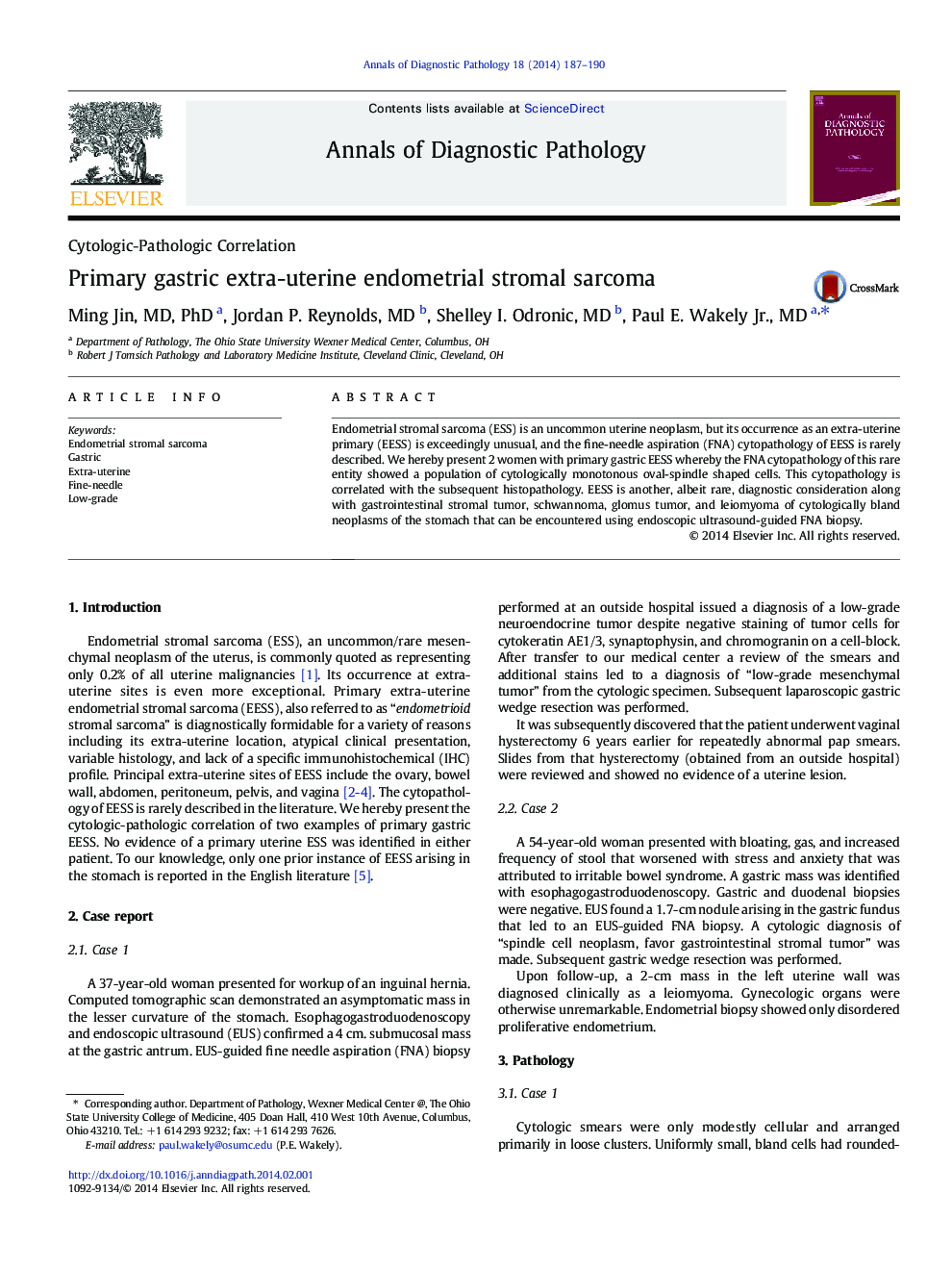 Primary gastric extra-uterine endometrial stromal sarcoma