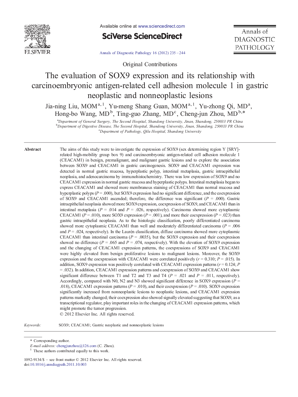 The evaluation of SOX9 expression and its relationship with carcinoembryonic antigen-related cell adhesion molecule 1 in gastric neoplastic and nonneoplastic lesions