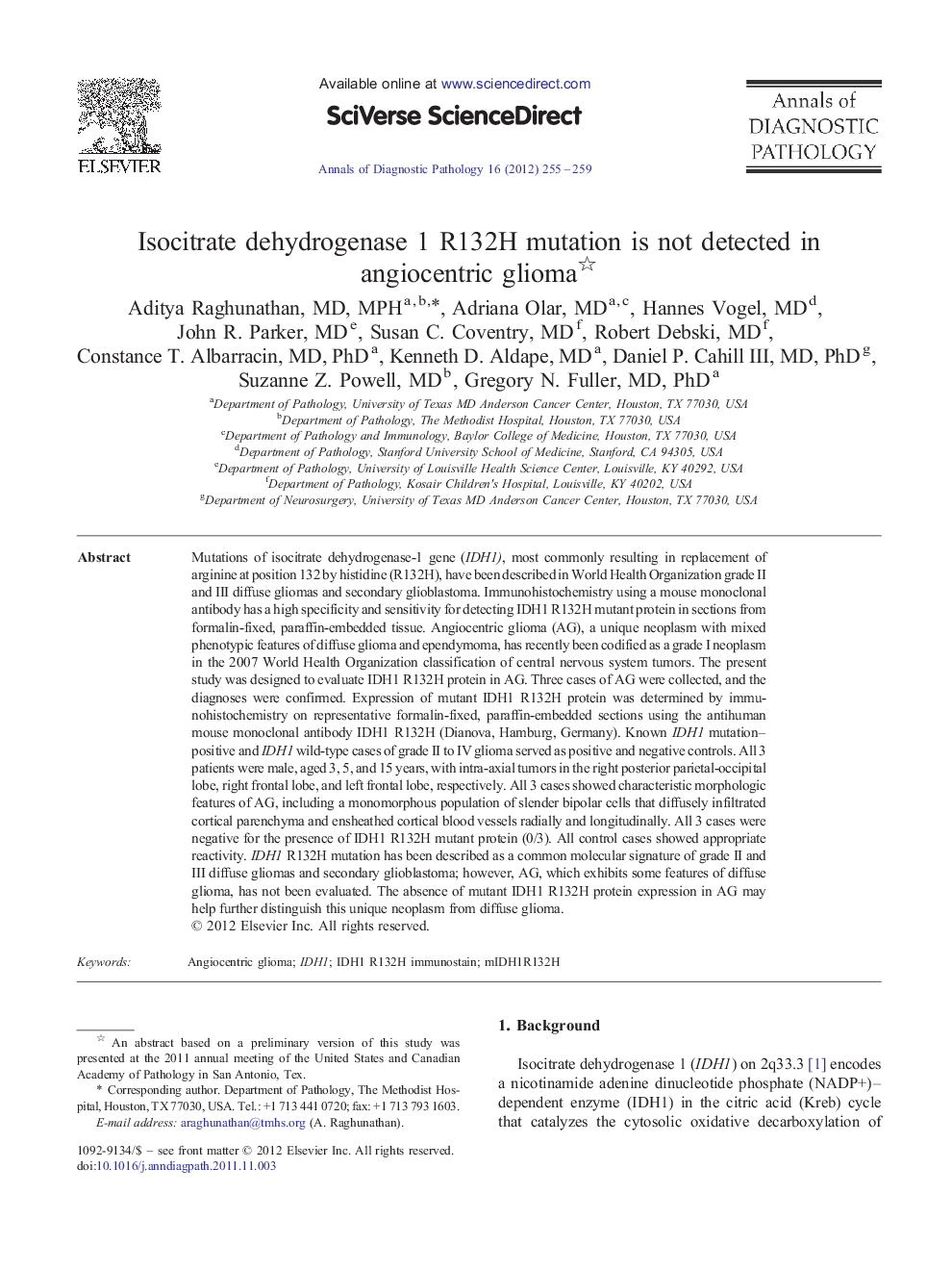 Isocitrate dehydrogenase 1 R132H mutation is not detected in angiocentric glioma 