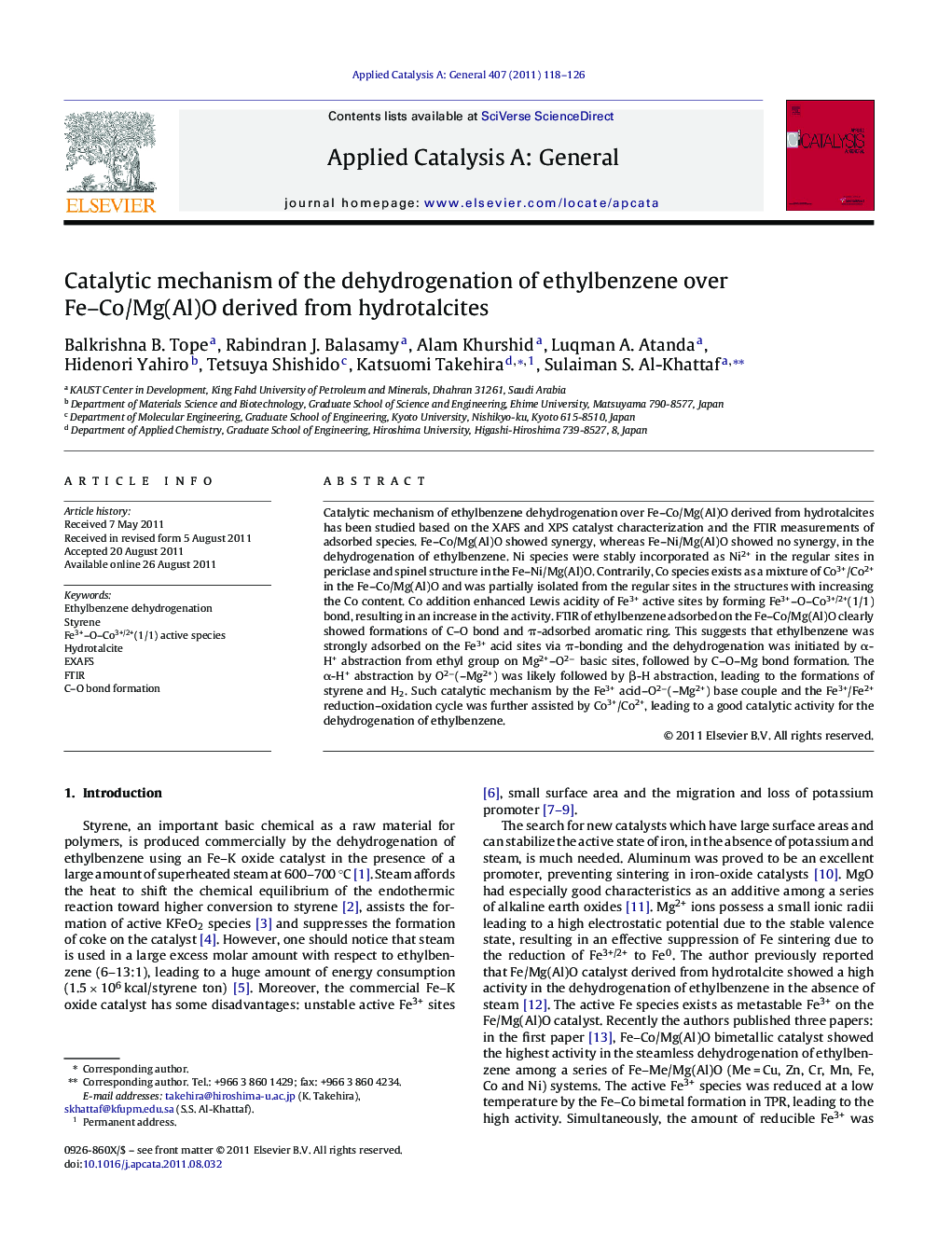 Catalytic mechanism of the dehydrogenation of ethylbenzene over Fe–Co/Mg(Al)O derived from hydrotalcites