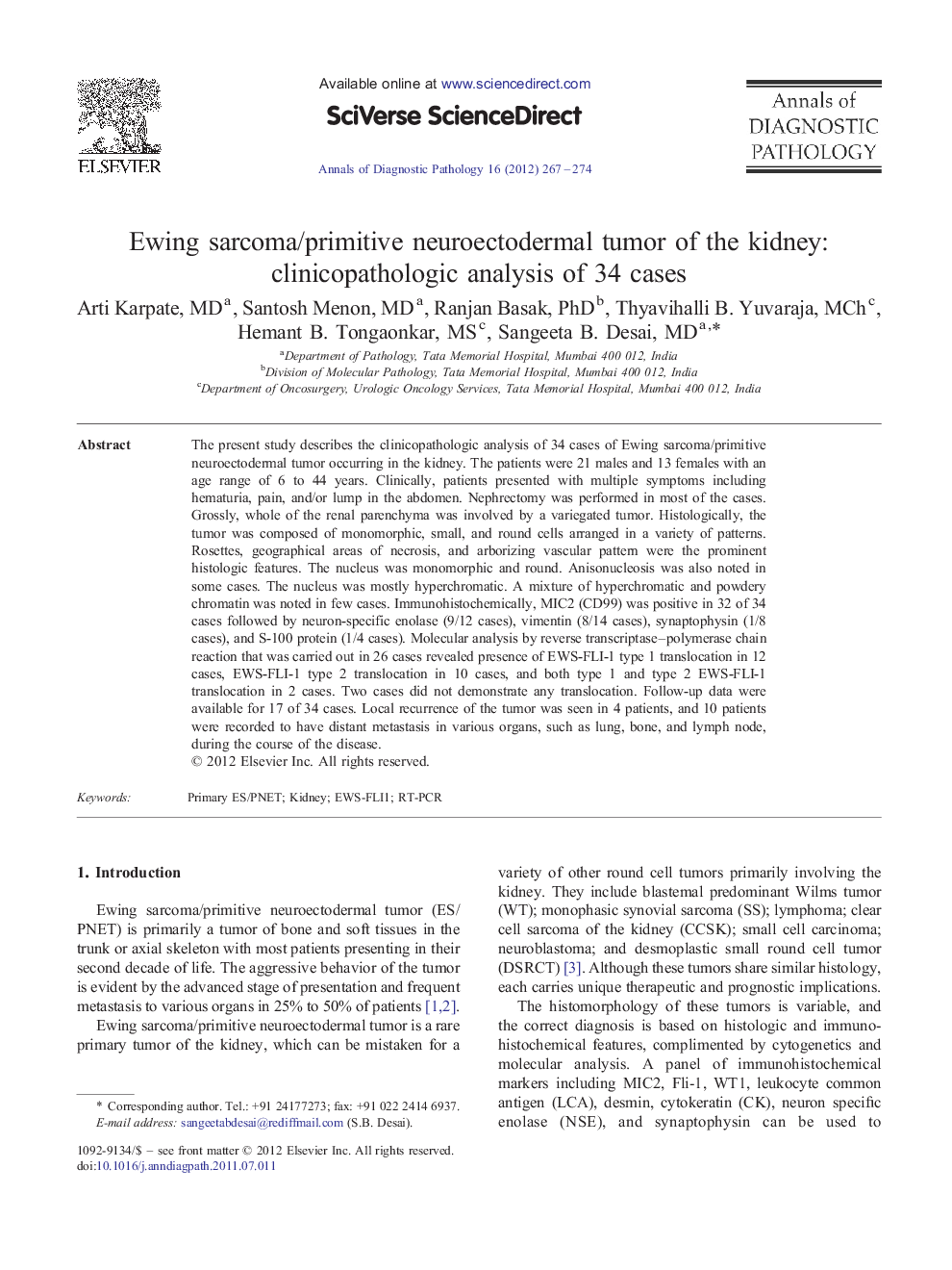 Ewing sarcoma/primitive neuroectodermal tumor of the kidney: clinicopathologic analysis of 34 cases