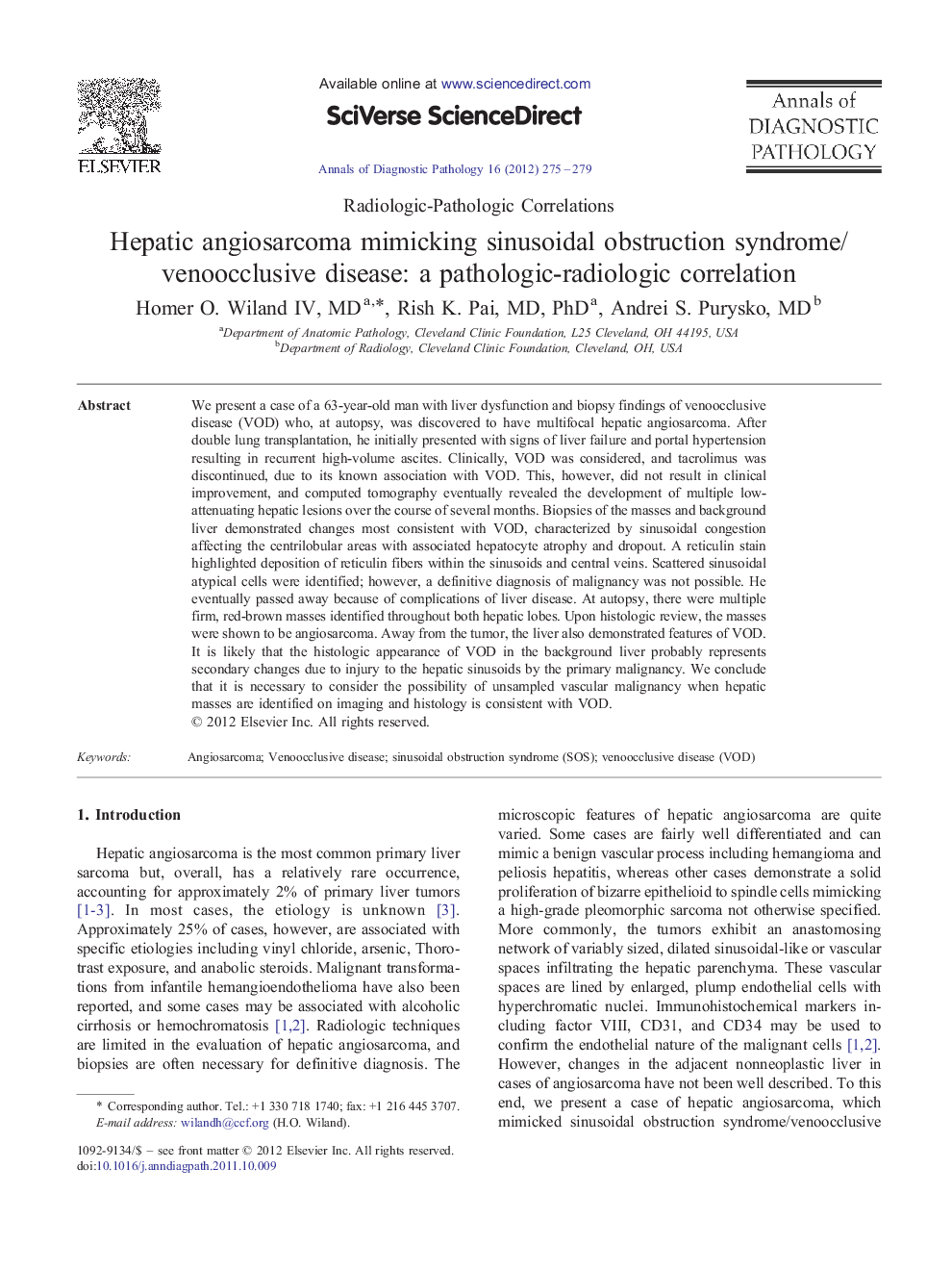 Hepatic angiosarcoma mimicking sinusoidal obstruction syndrome/venoocclusive disease: a pathologic-radiologic correlation