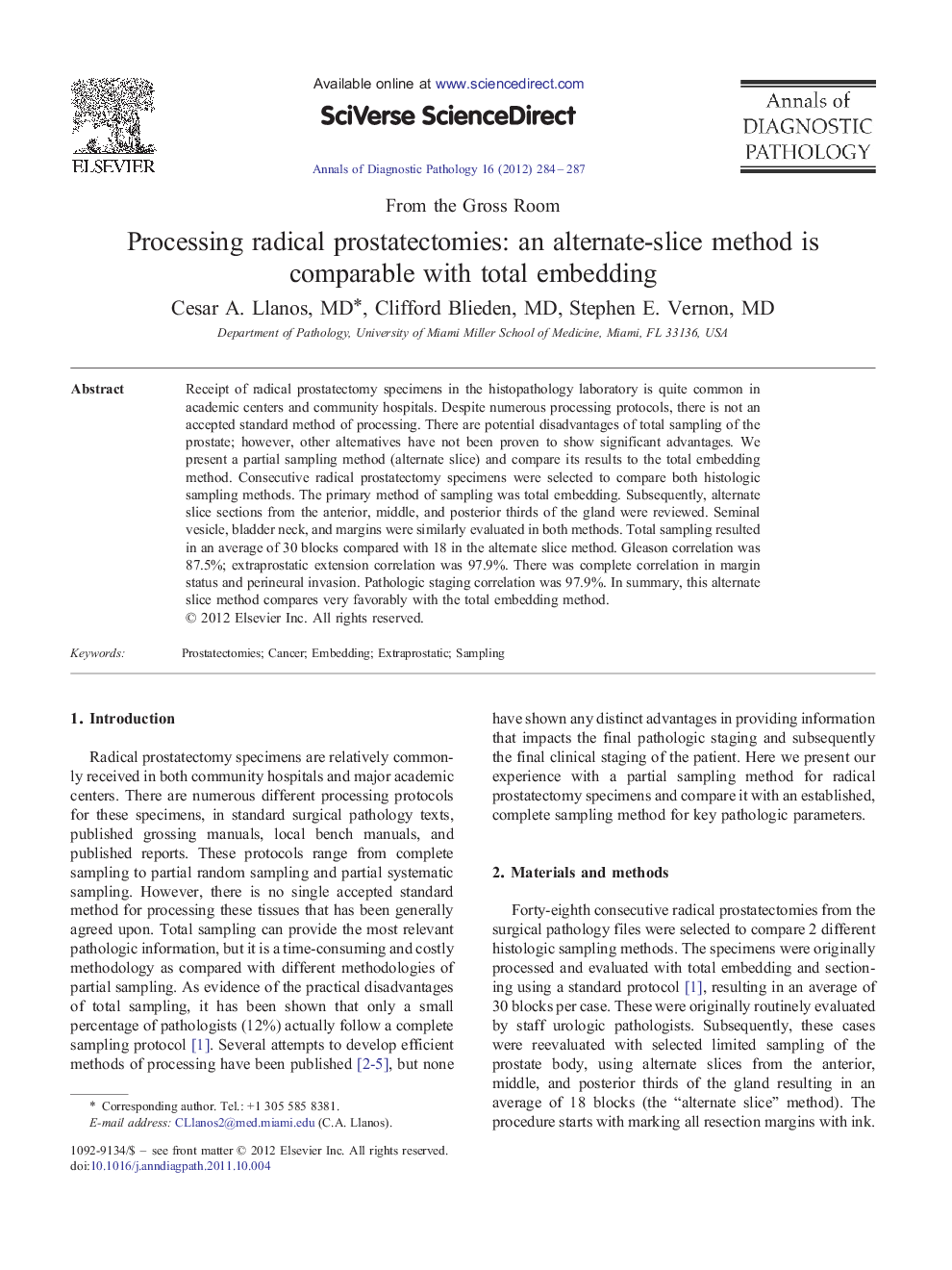 Processing radical prostatectomies: an alternate-slice method is comparable with total embedding