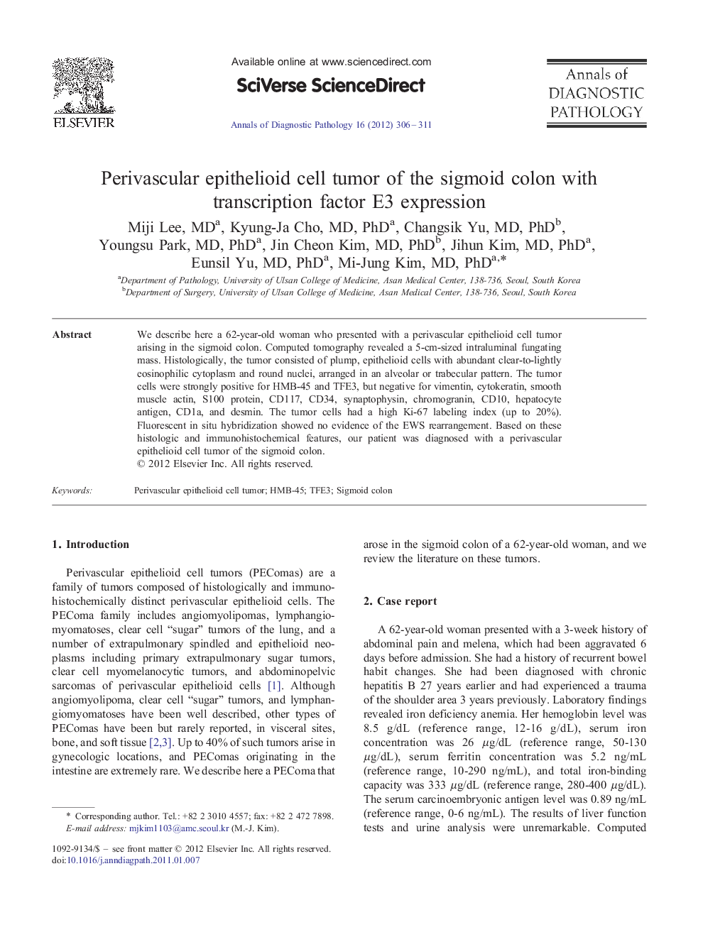 Perivascular epithelioid cell tumor of the sigmoid colon with transcription factor E3 expression