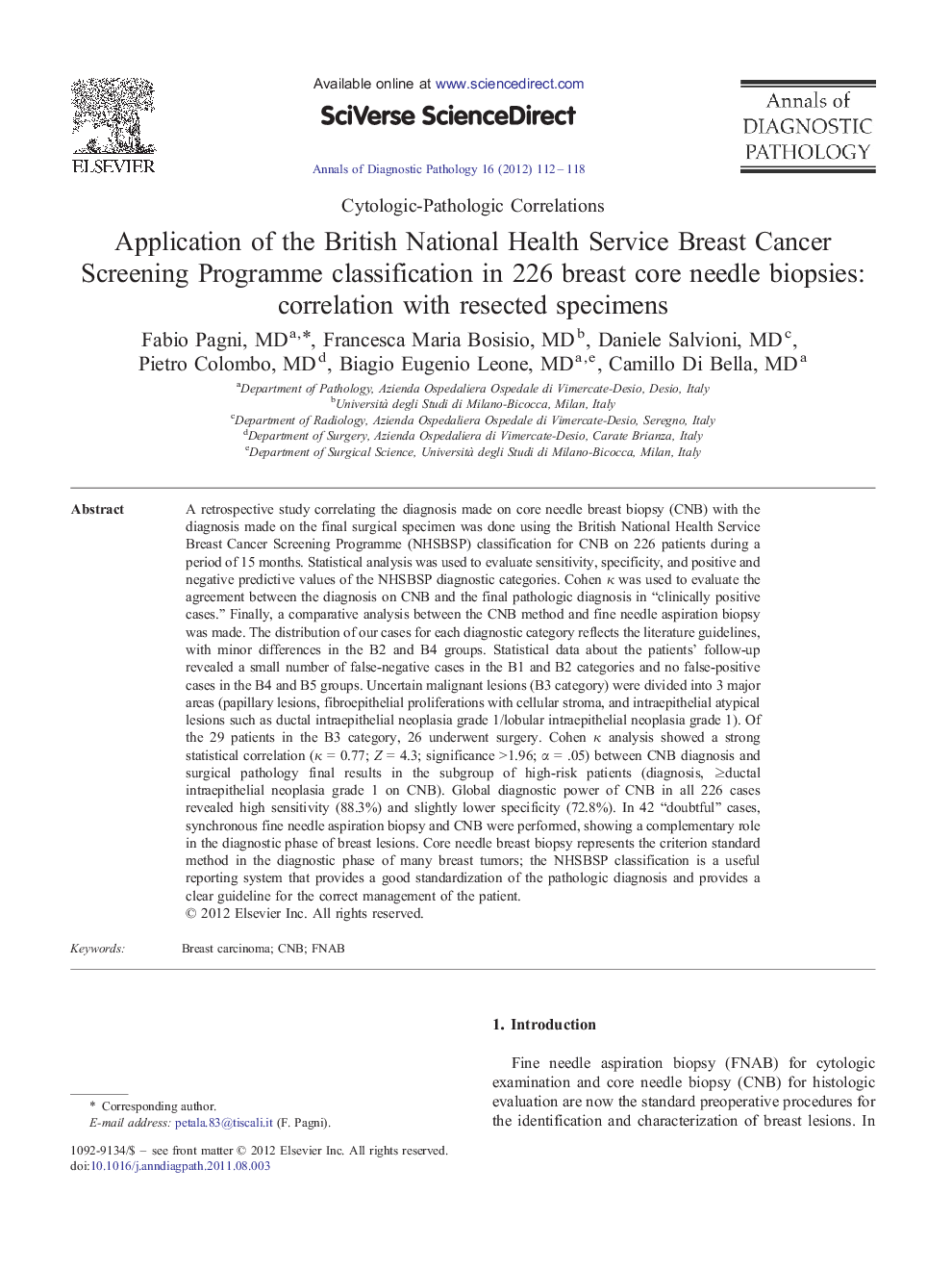 Application of the British National Health Service Breast Cancer Screening Programme classification in 226 breast core needle biopsies: correlation with resected specimens