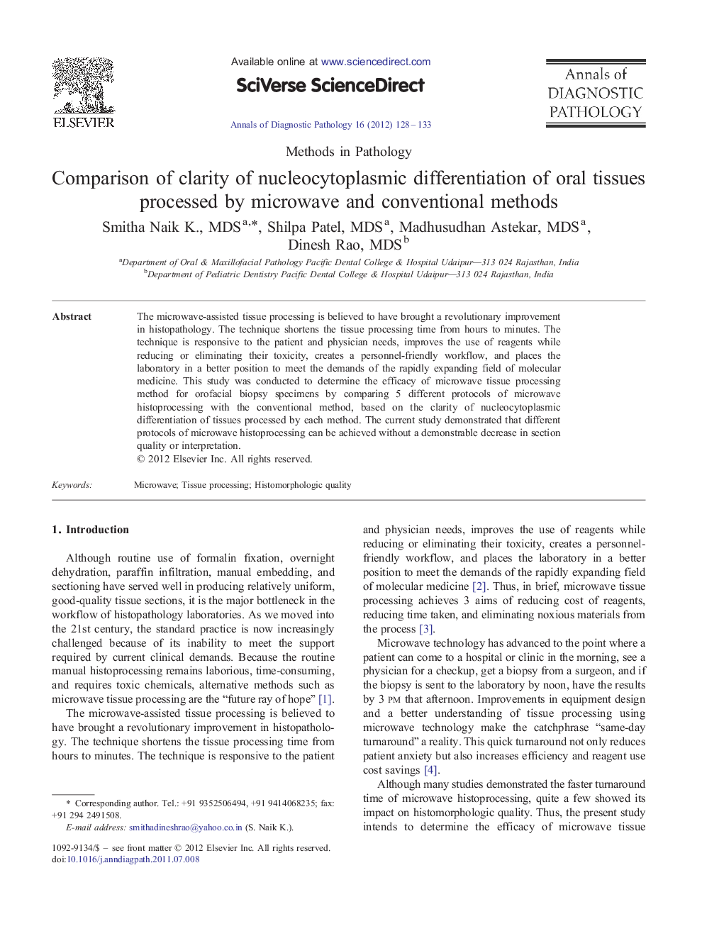 Comparison of clarity of nucleocytoplasmic differentiation of oral tissues processed by microwave and conventional methods