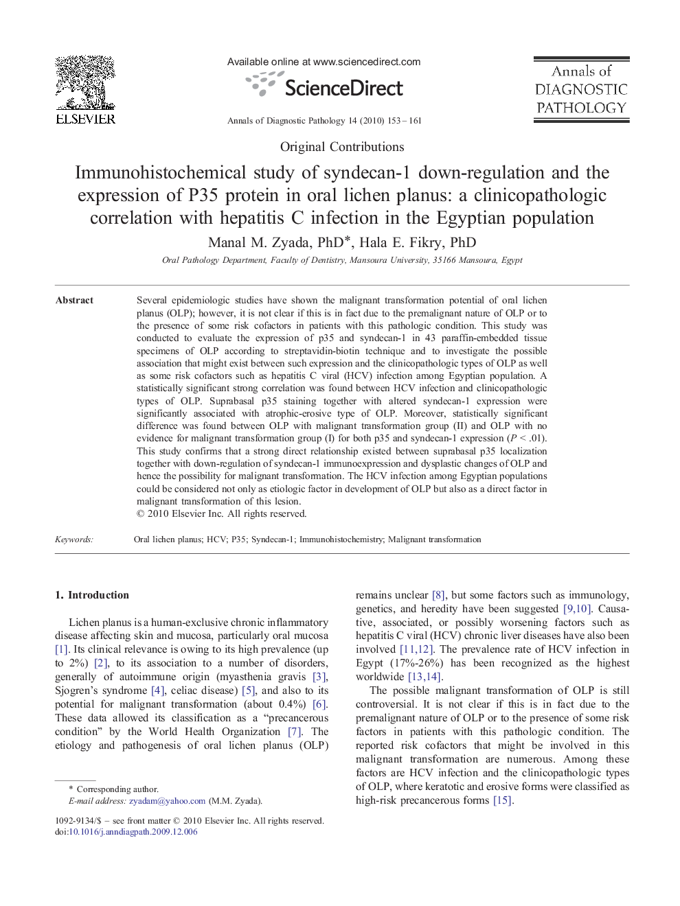 Immunohistochemical study of syndecan-1 down-regulation and the expression of P35 protein in oral lichen planus: a clinicopathologic correlation with hepatitis C infection in the Egyptian population