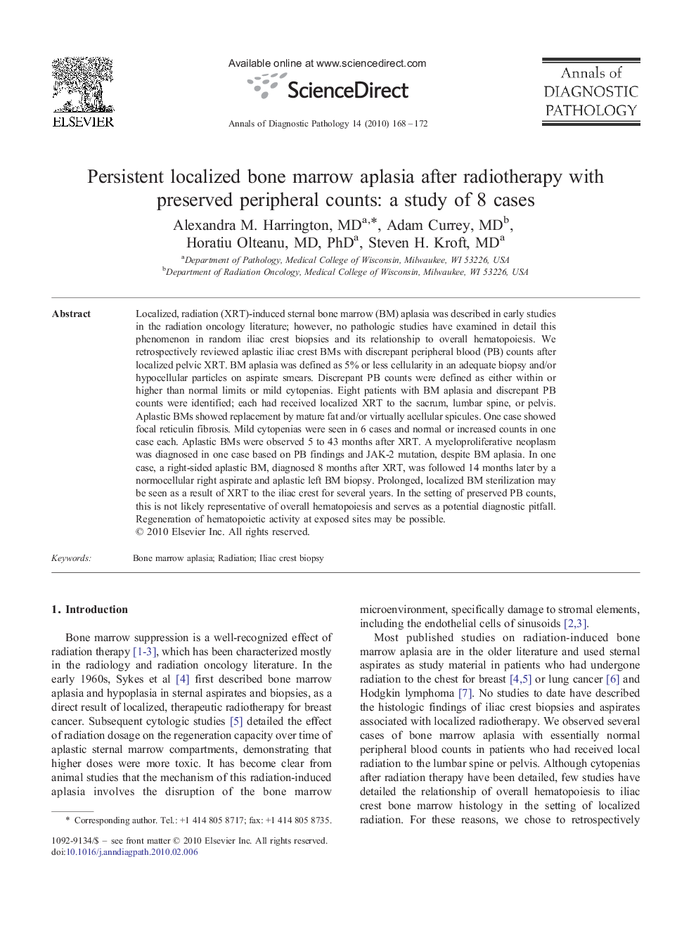 Persistent localized bone marrow aplasia after radiotherapy with preserved peripheral counts: a study of 8 cases