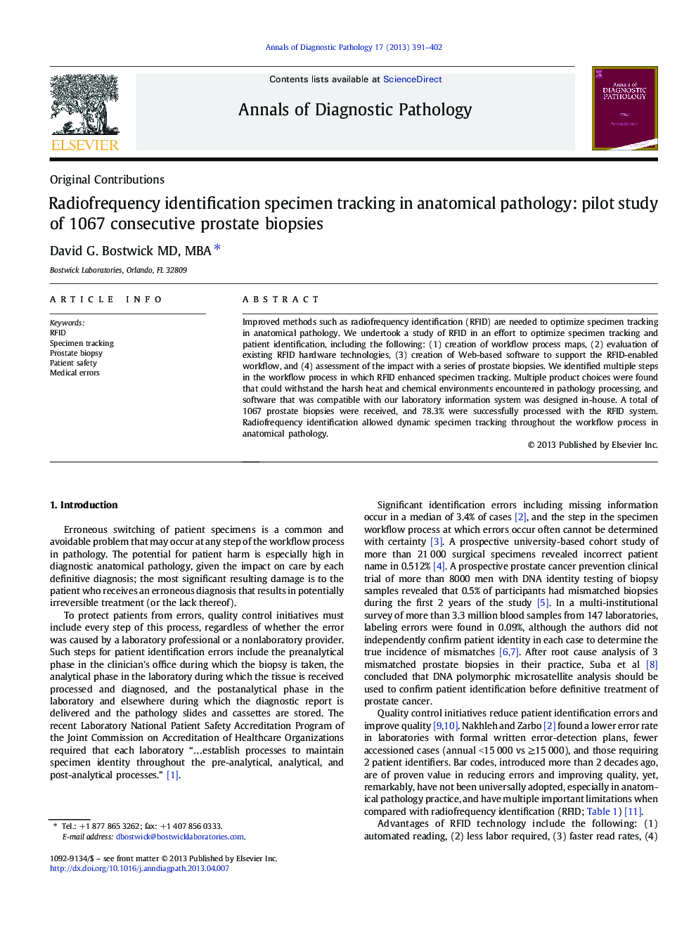 Radiofrequency identification specimen tracking in anatomical pathology: pilot study of 1067 consecutive prostate biopsies