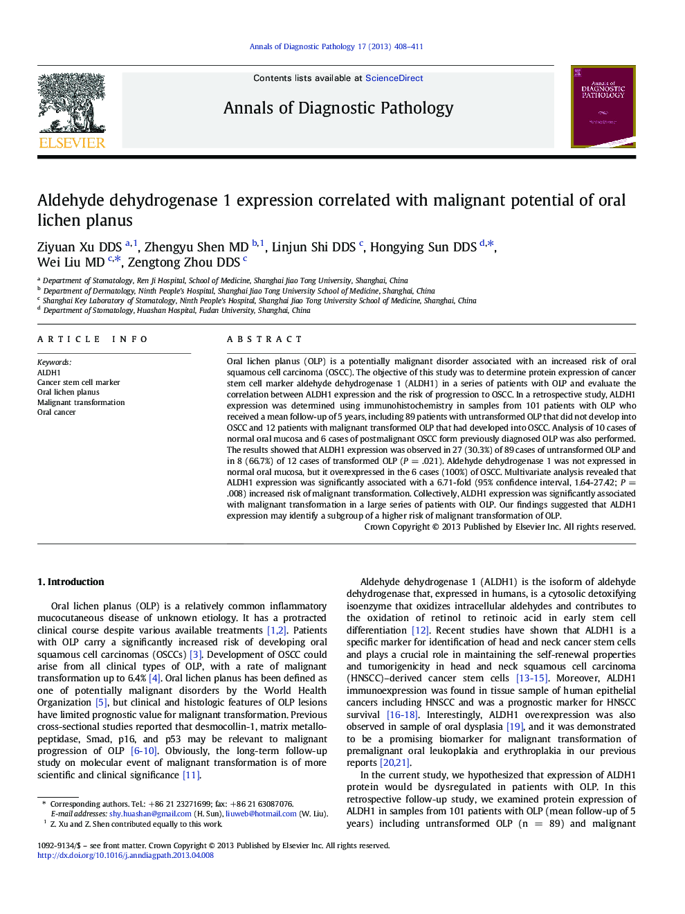 Aldehyde dehydrogenase 1 expression correlated with malignant potential of oral lichen planus