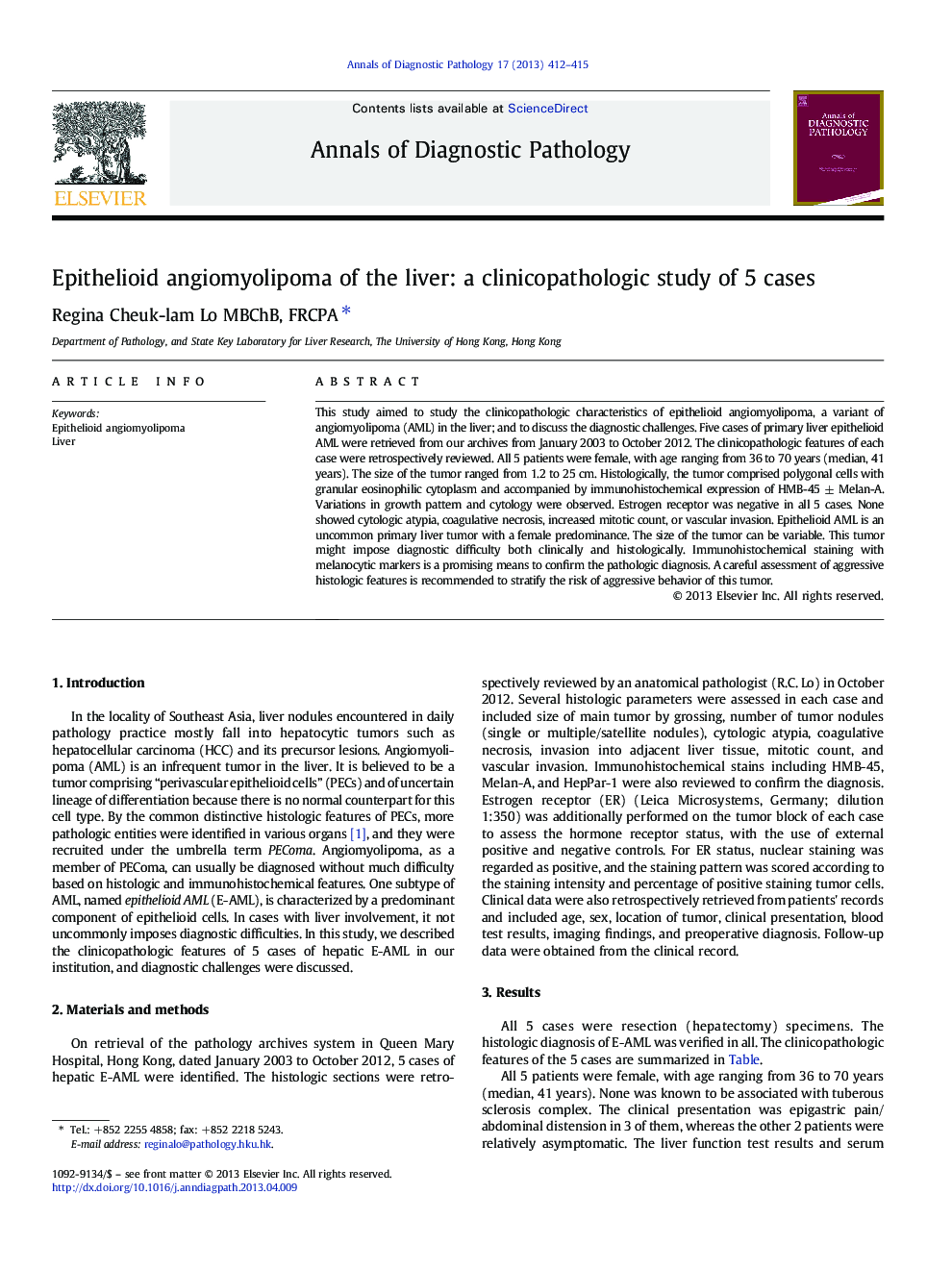 Epithelioid angiomyolipoma of the liver: a clinicopathologic study of 5 cases