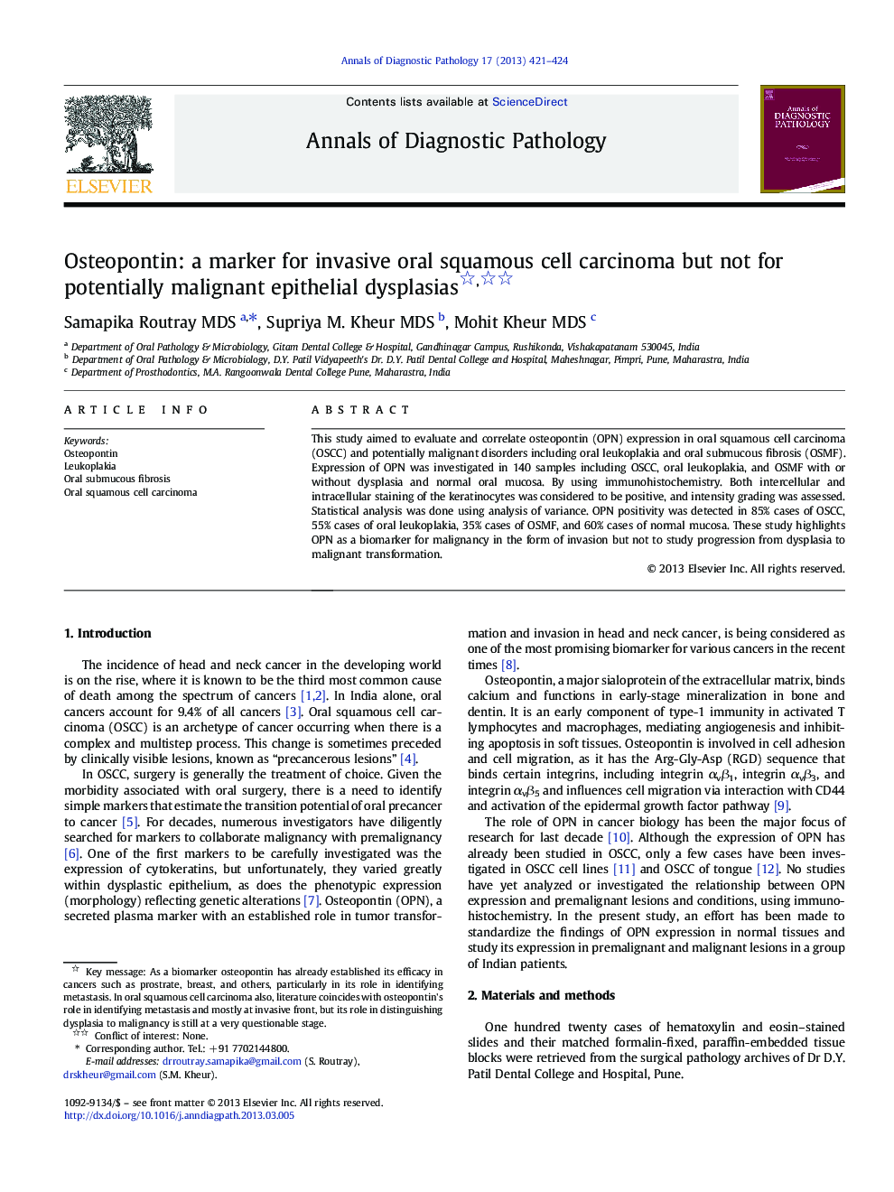 Osteopontin: a marker for invasive oral squamous cell carcinoma but not for potentially malignant epithelial dysplasias