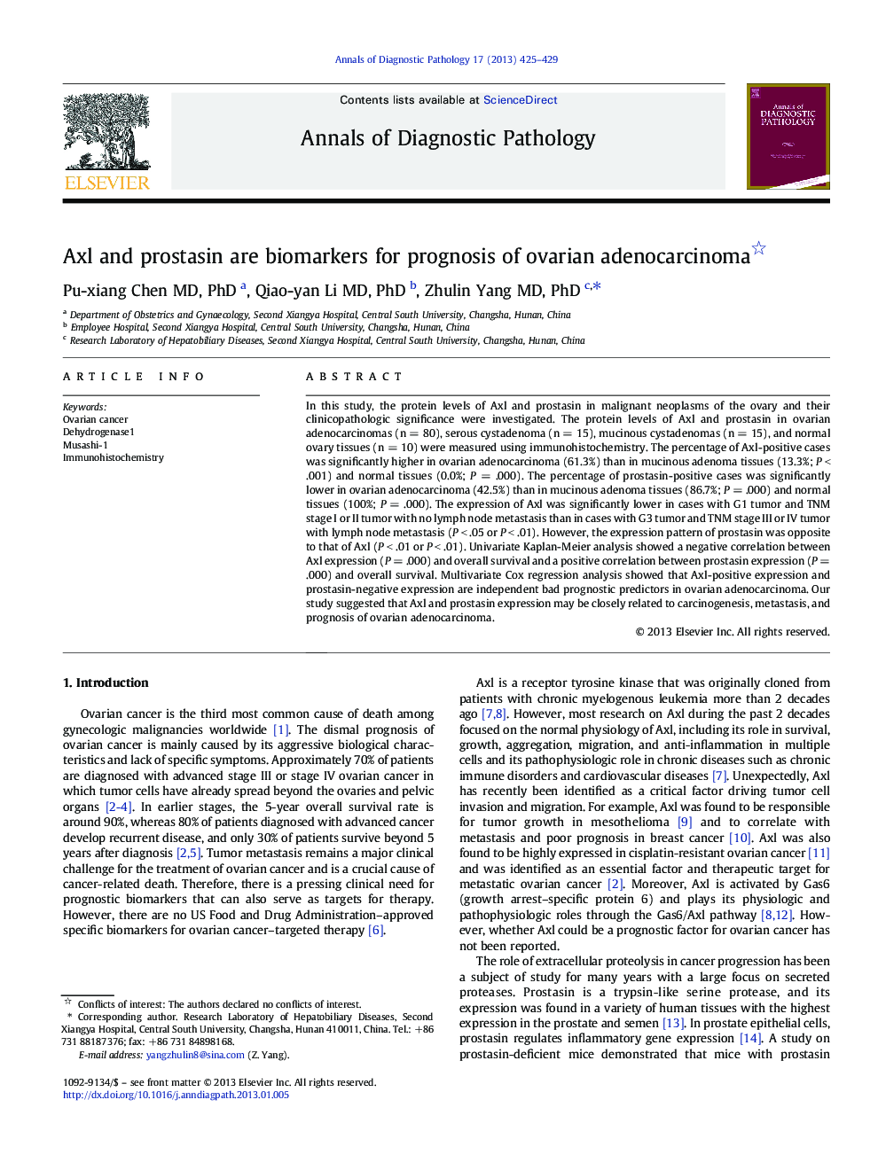 Axl and prostasin are biomarkers for prognosis of ovarian adenocarcinoma 