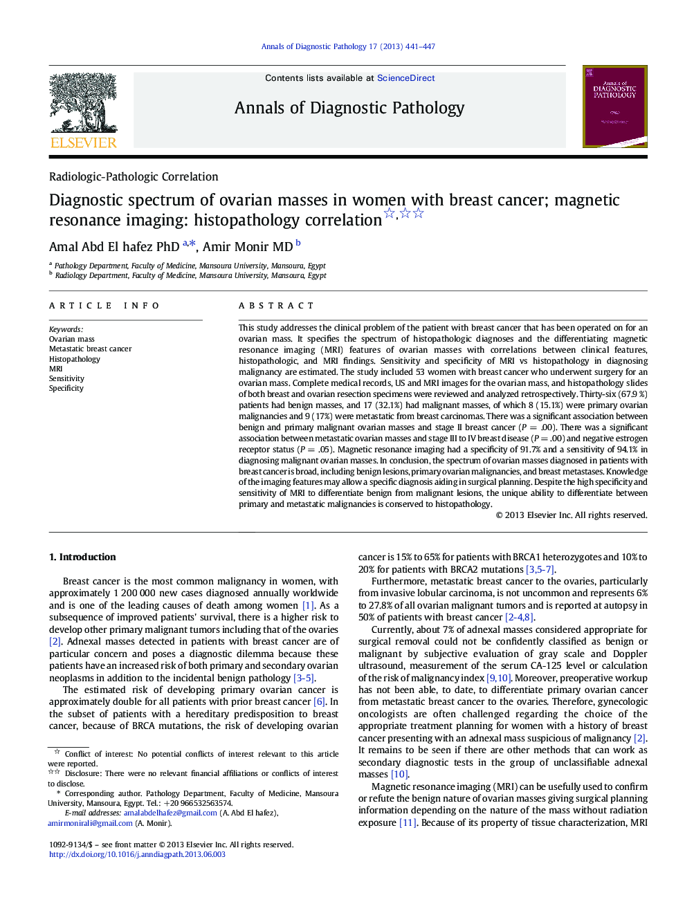 Diagnostic spectrum of ovarian masses in women with breast cancer; magnetic resonance imaging: histopathology correlation 