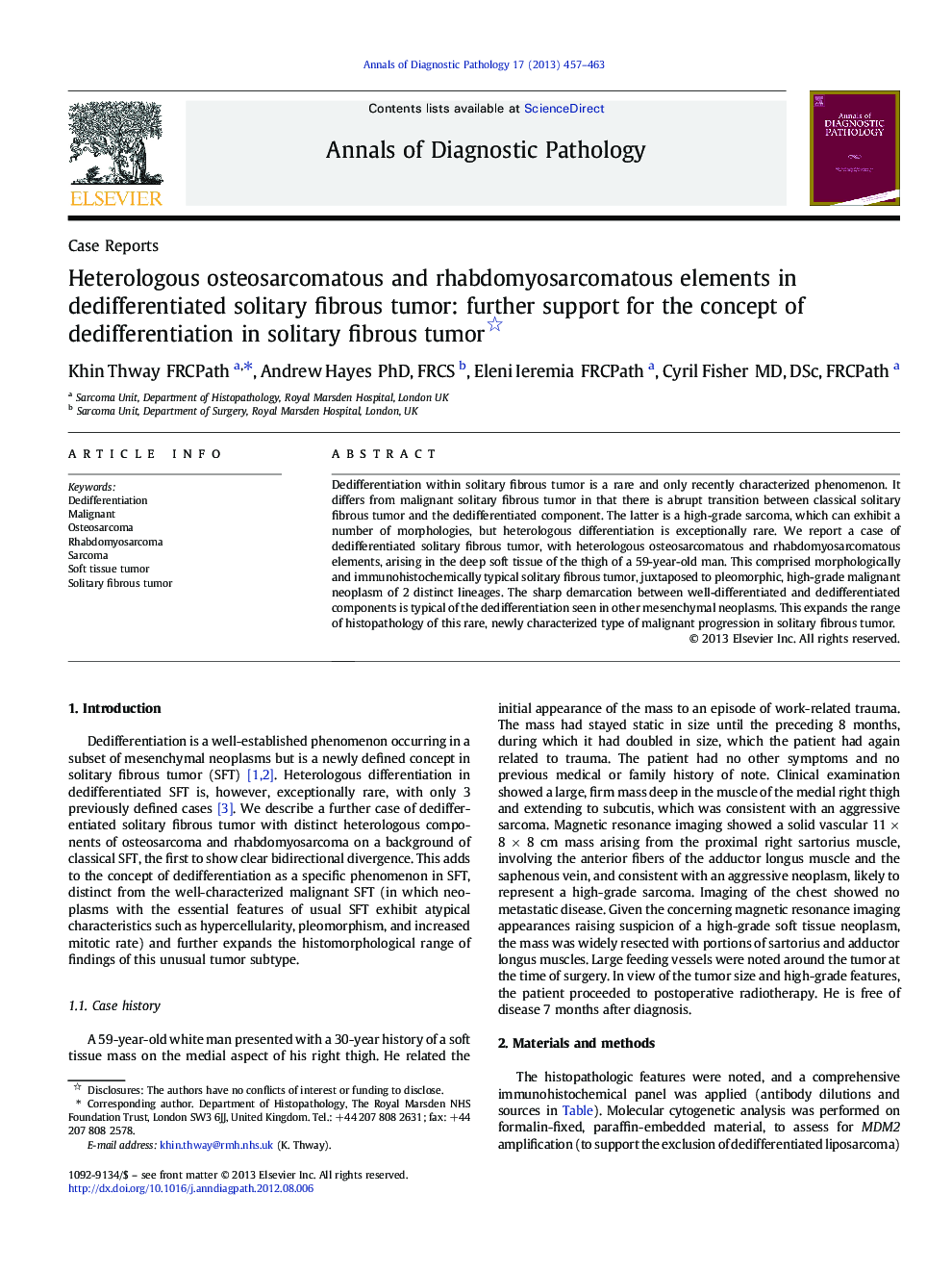 Heterologous osteosarcomatous and rhabdomyosarcomatous elements in dedifferentiated solitary fibrous tumor: further support for the concept of dedifferentiation in solitary fibrous tumor 