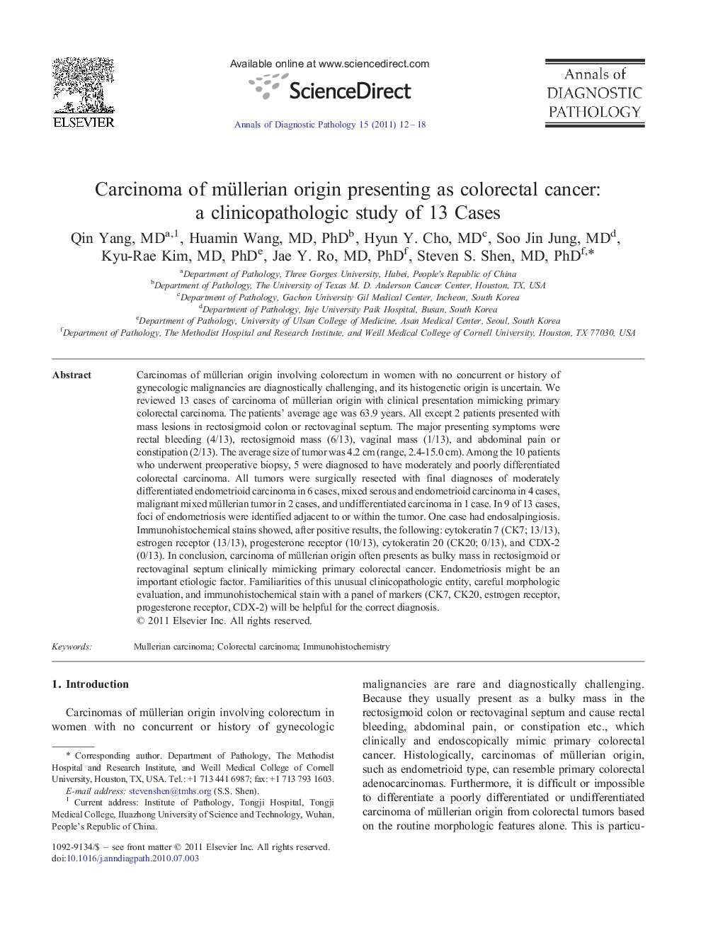 Carcinoma of müllerian origin presenting as colorectal cancer: a clinicopathologic study of 13 Cases