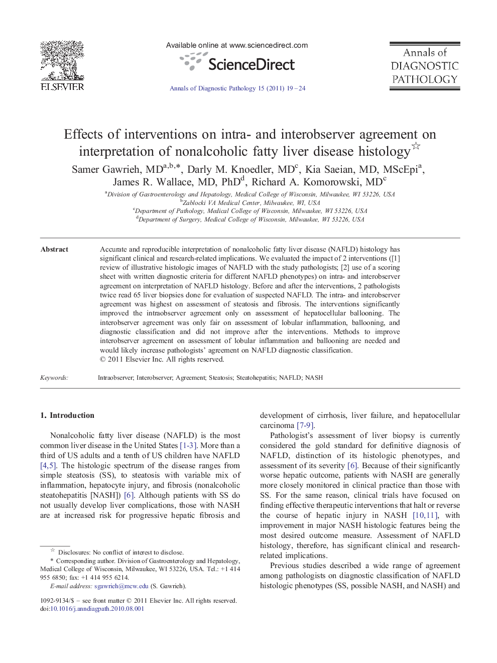 Effects of interventions on intra- and interobserver agreement on interpretation of nonalcoholic fatty liver disease histology 