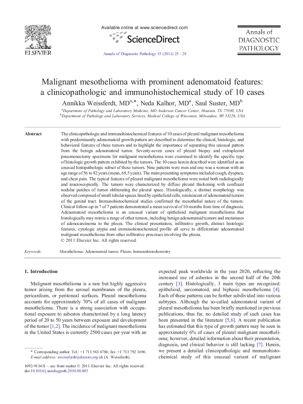 Malignant mesothelioma with prominent adenomatoid features: a clinicopathologic and immunohistochemical study of 10 cases