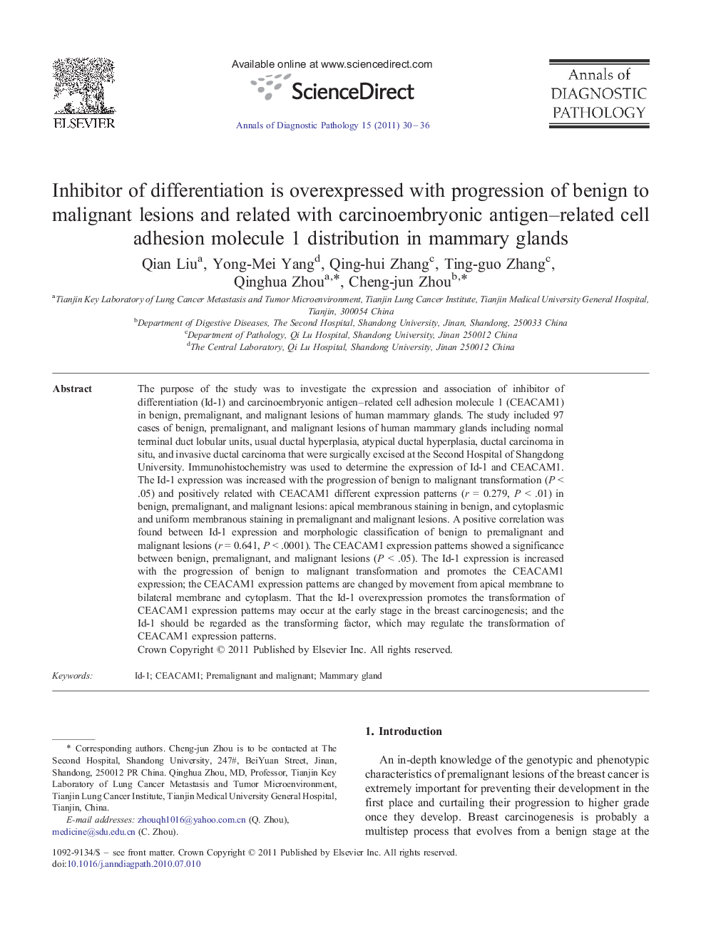 Inhibitor of differentiation is overexpressed with progression of benign to malignant lesions and related with carcinoembryonic antigen–related cell adhesion molecule 1 distribution in mammary glands