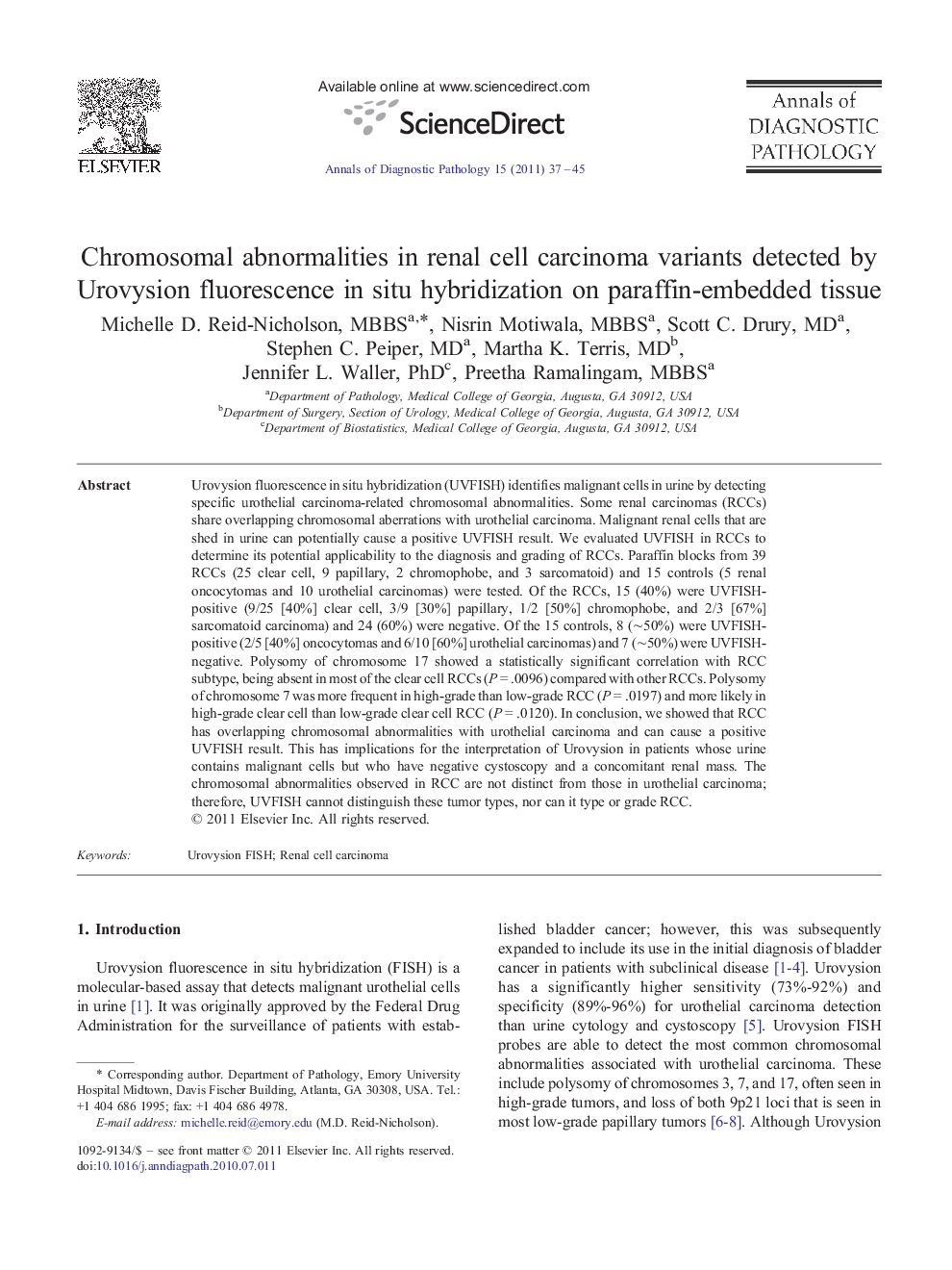 Chromosomal abnormalities in renal cell carcinoma variants detected by Urovysion fluorescence in situ hybridization on paraffin-embedded tissue