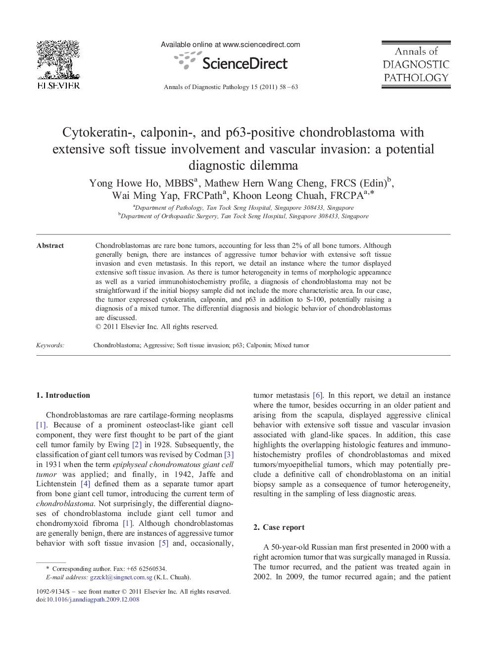 Cytokeratin-, calponin-, and p63-positive chondroblastoma with extensive soft tissue involvement and vascular invasion: a potential diagnostic dilemma