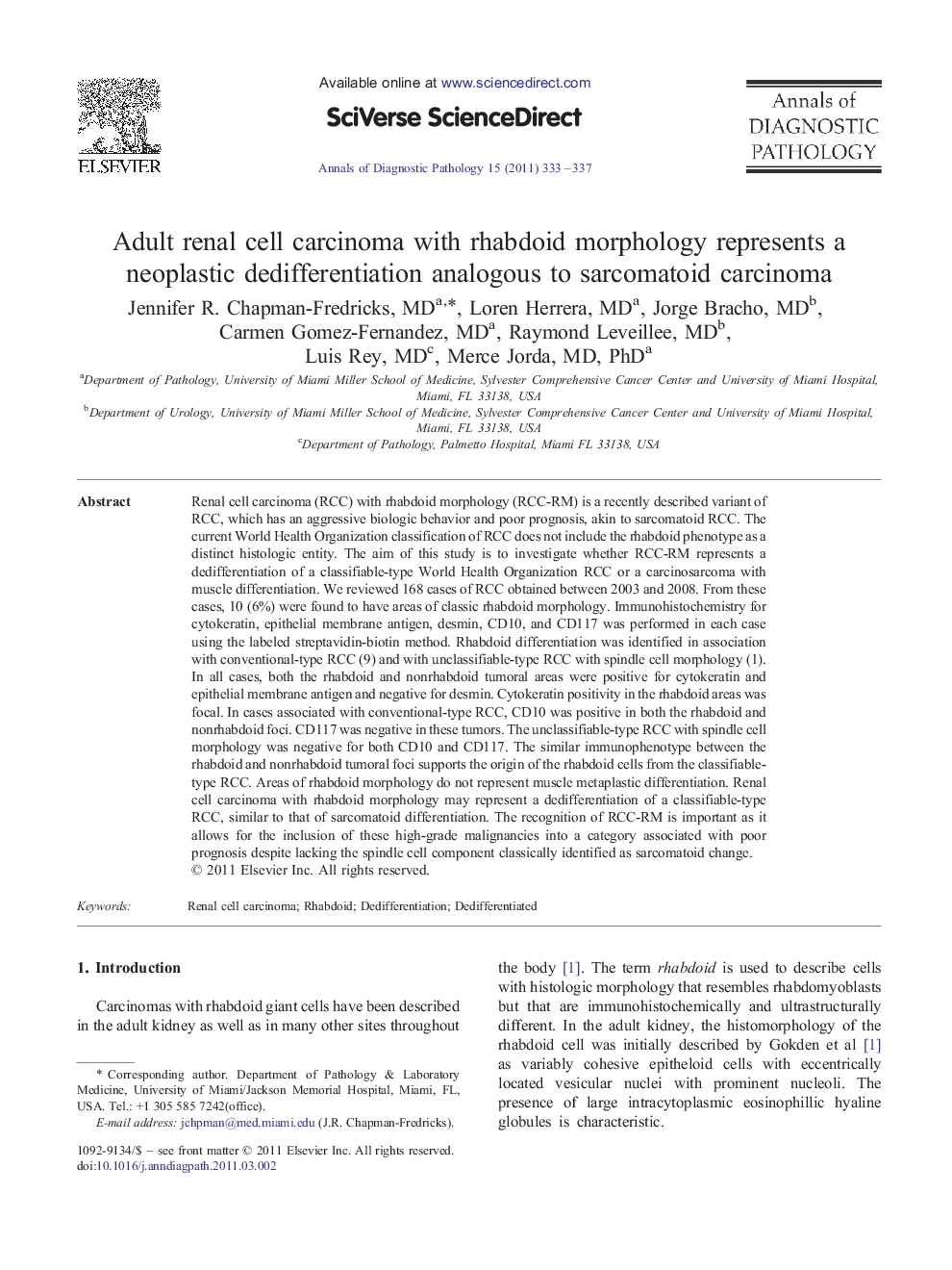 Adult renal cell carcinoma with rhabdoid morphology represents a neoplastic dedifferentiation analogous to sarcomatoid carcinoma