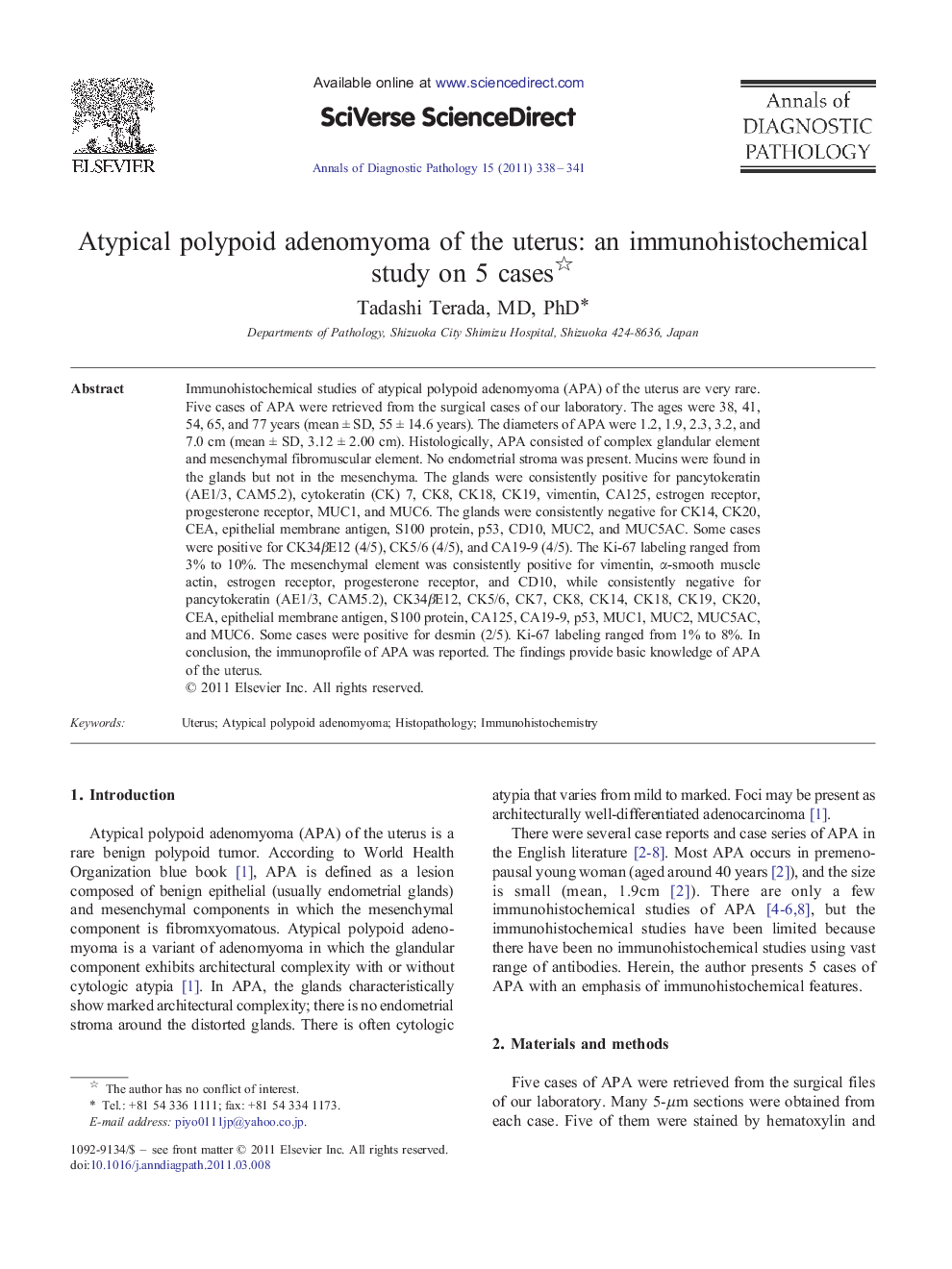 Atypical polypoid adenomyoma of the uterus: an immunohistochemical study on 5 cases 