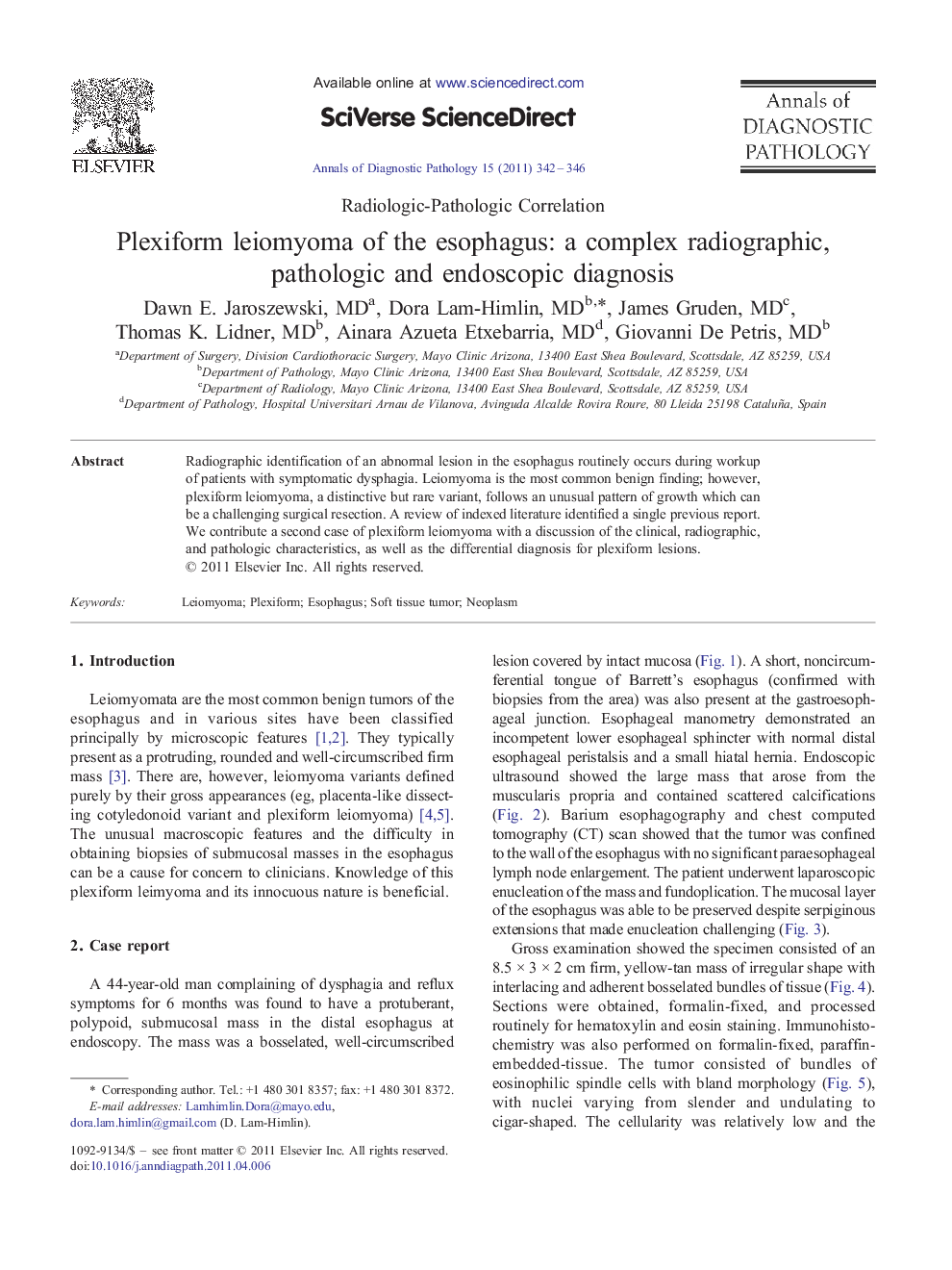 Plexiform leiomyoma of the esophagus: a complex radiographic, pathologic and endoscopic diagnosis