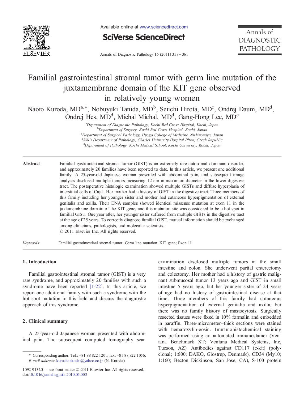 Familial gastrointestinal stromal tumor with germ line mutation of the juxtamembrane domain of the KIT gene observed in relatively young women