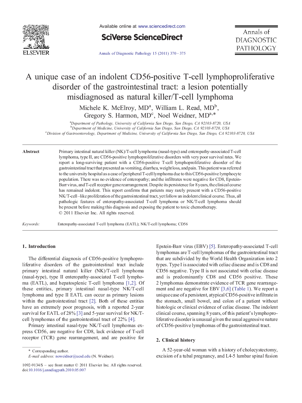 A unique case of an indolent CD56-positive T-cell lymphoproliferative disorder of the gastrointestinal tract: a lesion potentially misdiagnosed as natural killer/T-cell lymphoma