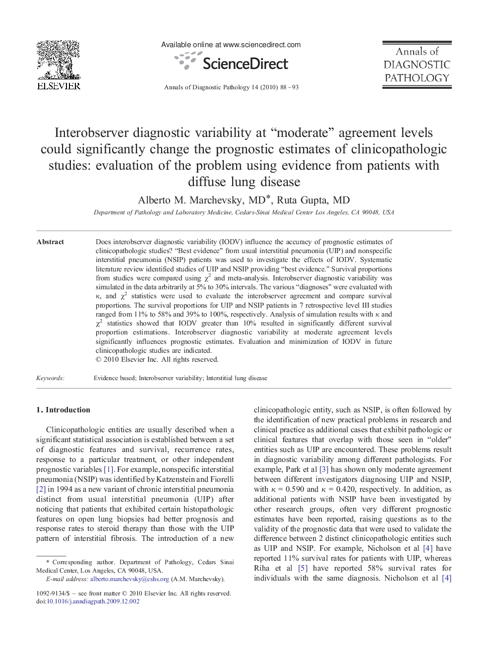 Interobserver diagnostic variability at “moderate” agreement levels could significantly change the prognostic estimates of clinicopathologic studies: evaluation of the problem using evidence from patients with diffuse lung disease