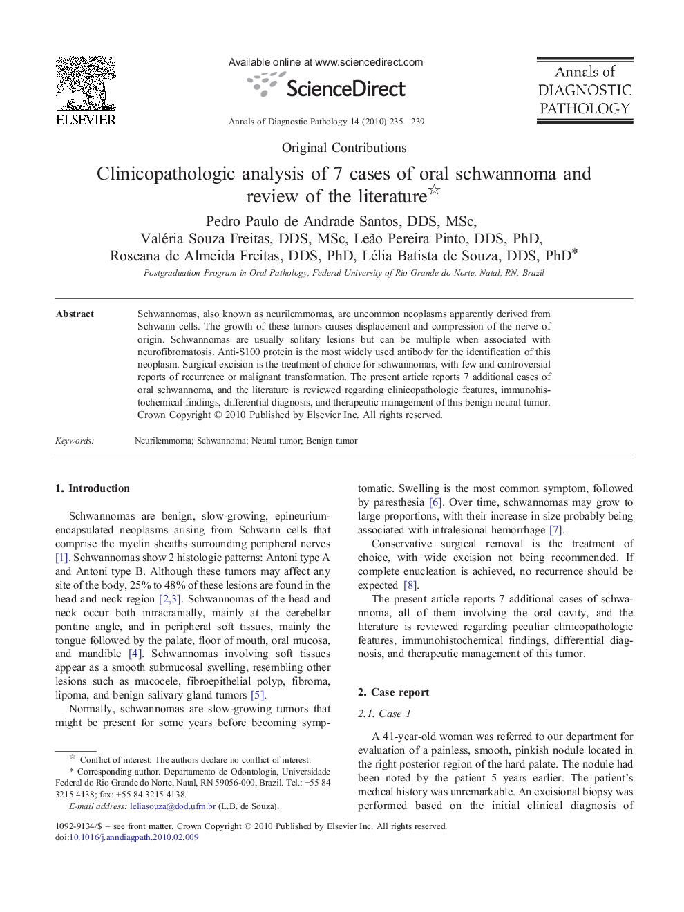 Clinicopathologic analysis of 7 cases of oral schwannoma and review of the literature 