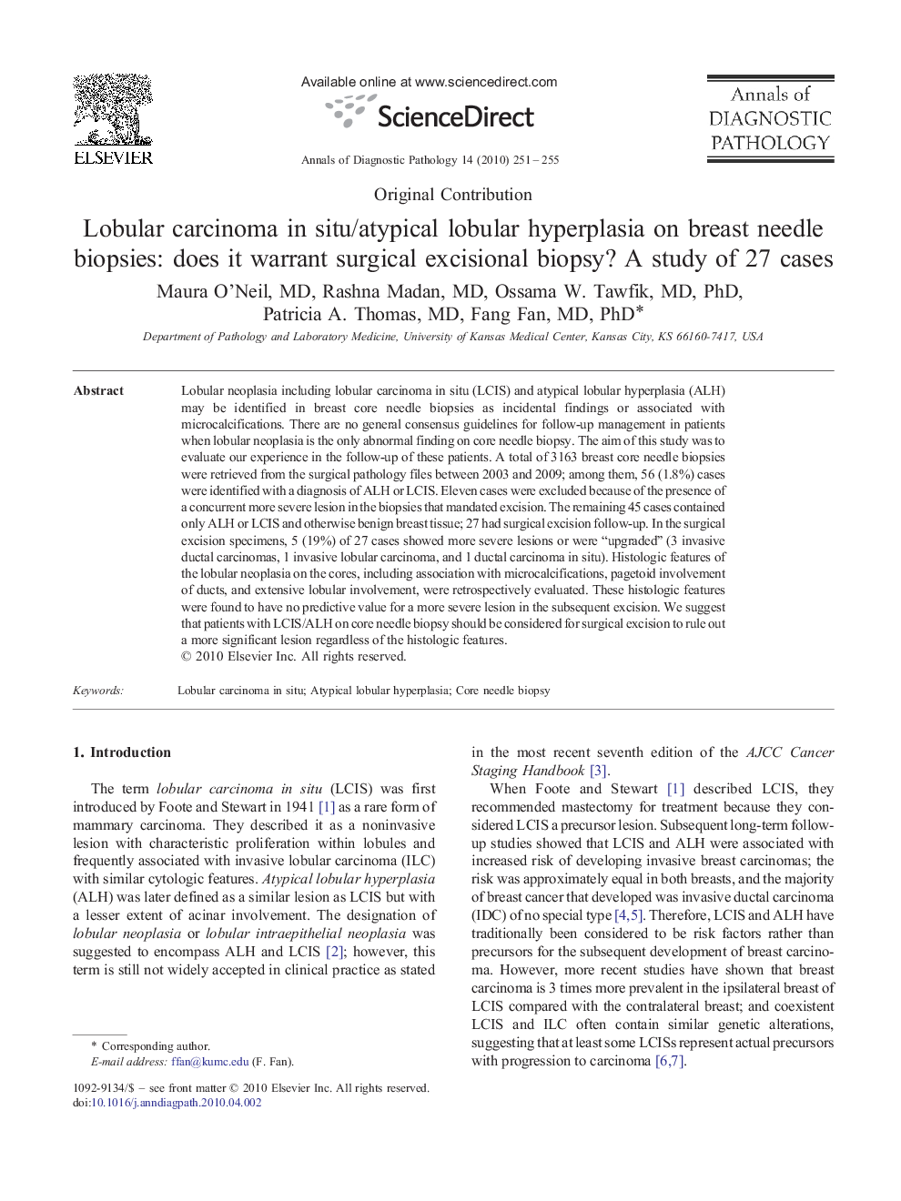 Lobular carcinoma in situ/atypical lobular hyperplasia on breast needle biopsies: does it warrant surgical excisional biopsy? A study of 27 cases