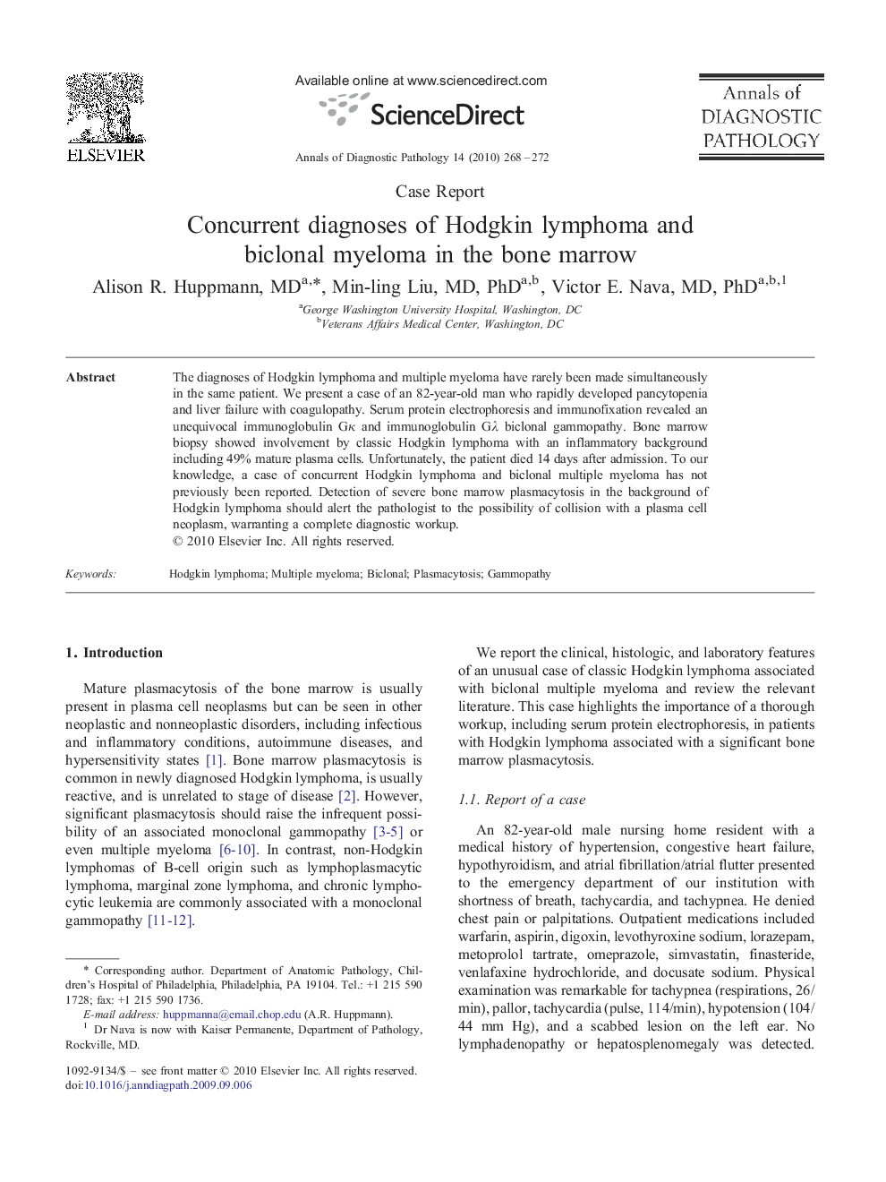 Concurrent diagnoses of Hodgkin lymphoma and biclonal myeloma in the bone marrow