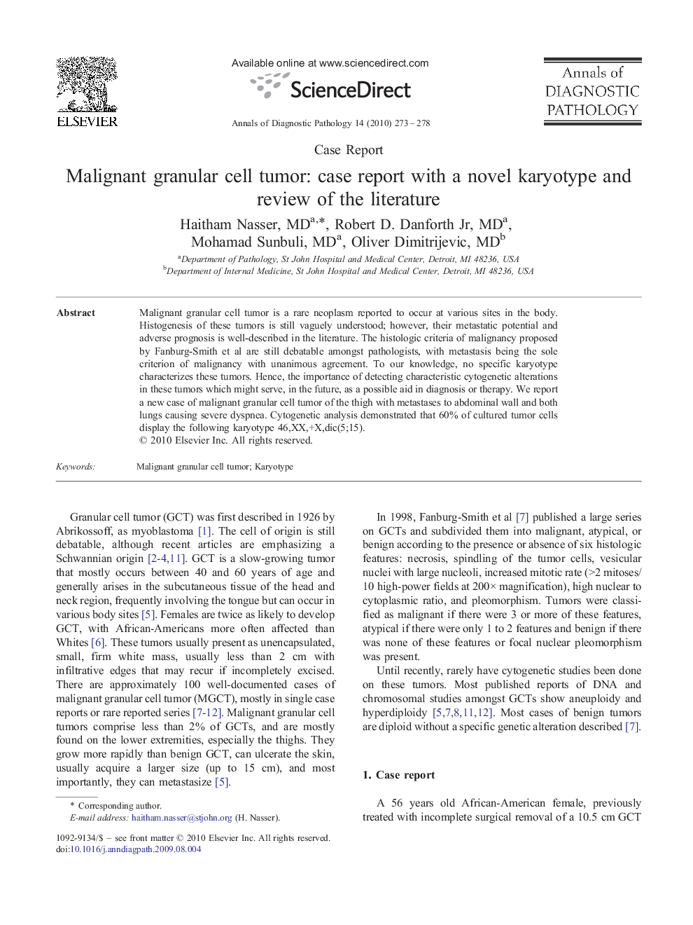 Malignant granular cell tumor: case report with a novel karyotype and review of the literature