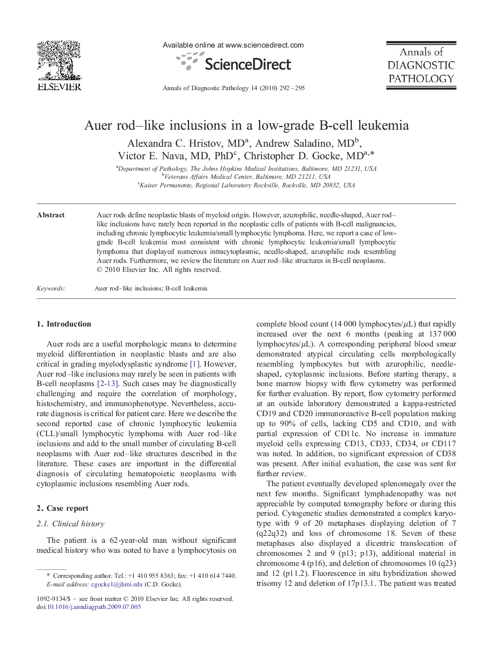 Auer rod–like inclusions in a low-grade B-cell leukemia