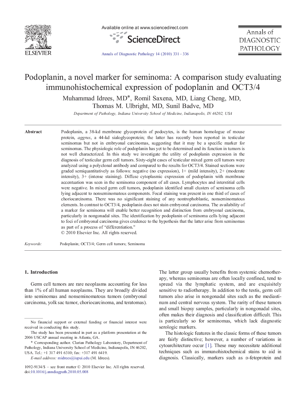 Podoplanin, a novel marker for seminoma: A comparison study evaluating immunohistochemical expression of podoplanin and OCT3/4 