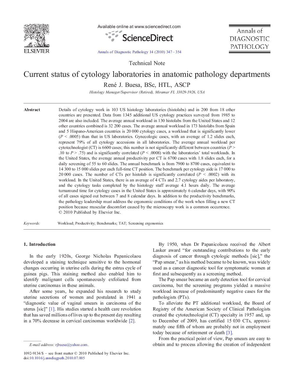 Current status of cytology laboratories in anatomic pathology departments