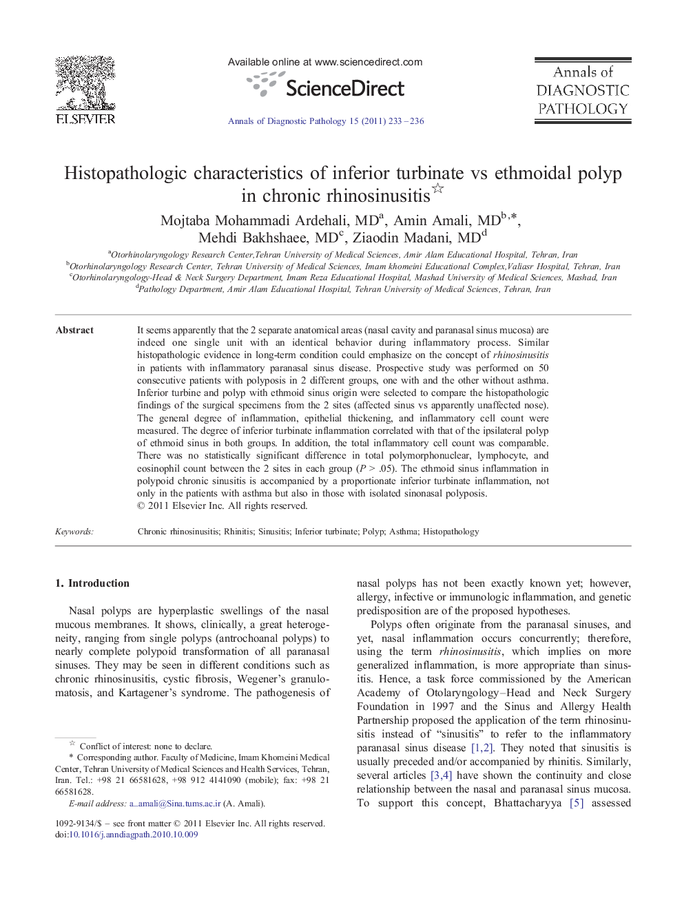 Histopathologic characteristics of inferior turbinate vs ethmoidal polypin chronic rhinosinusitis 