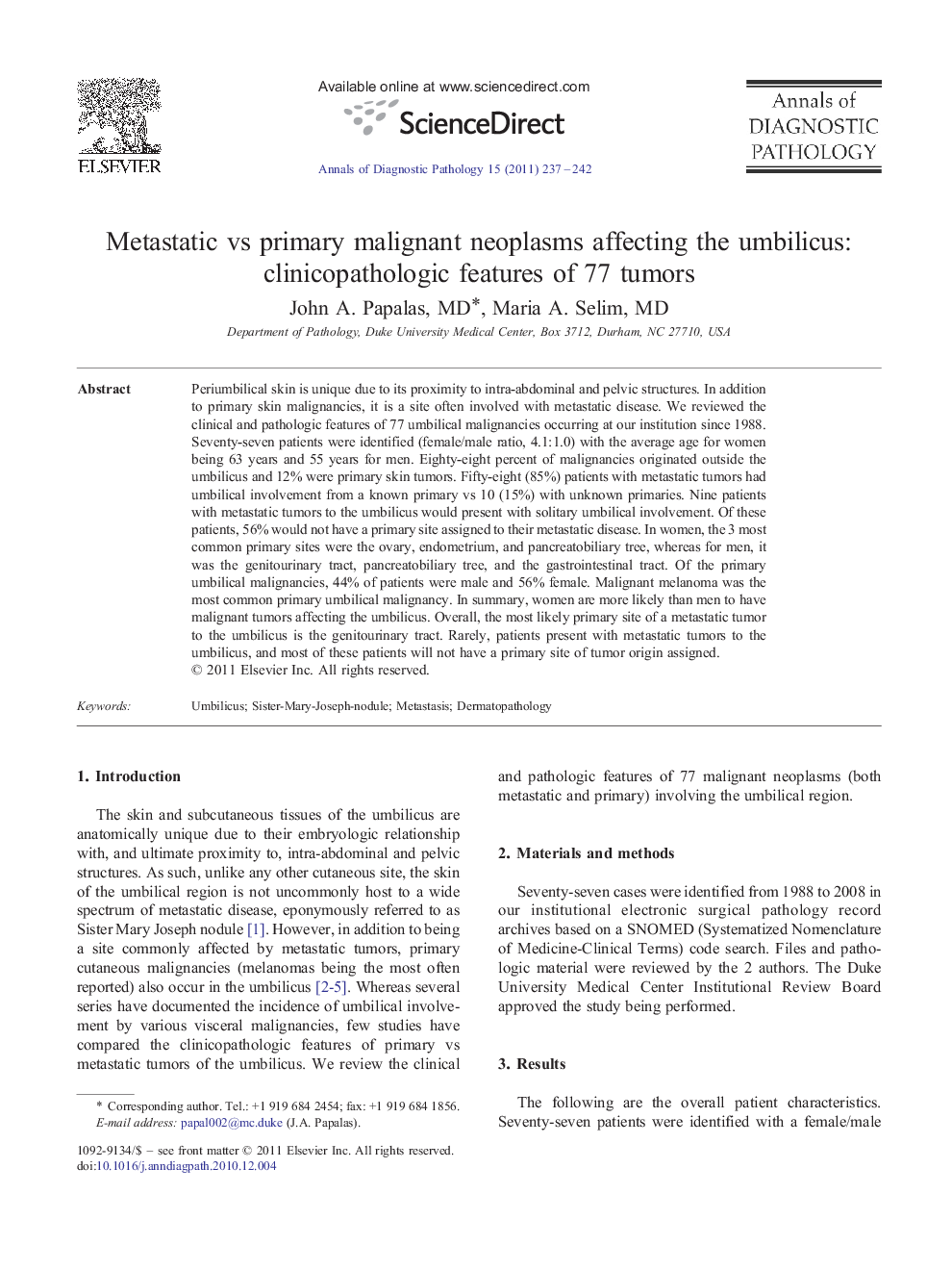 Metastatic vs primary malignant neoplasms affecting the umbilicus: clinicopathologic features of 77 tumors