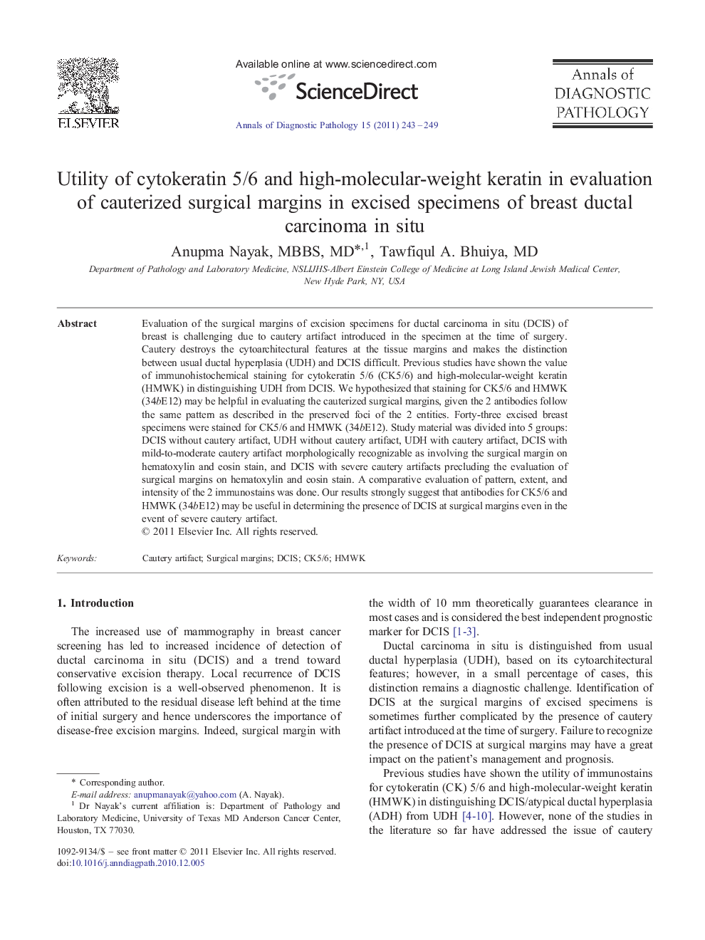 Utility of cytokeratin 5/6 and high-molecular-weight keratin in evaluation of cauterized surgical margins in excised specimens of breast ductal carcinoma in situ