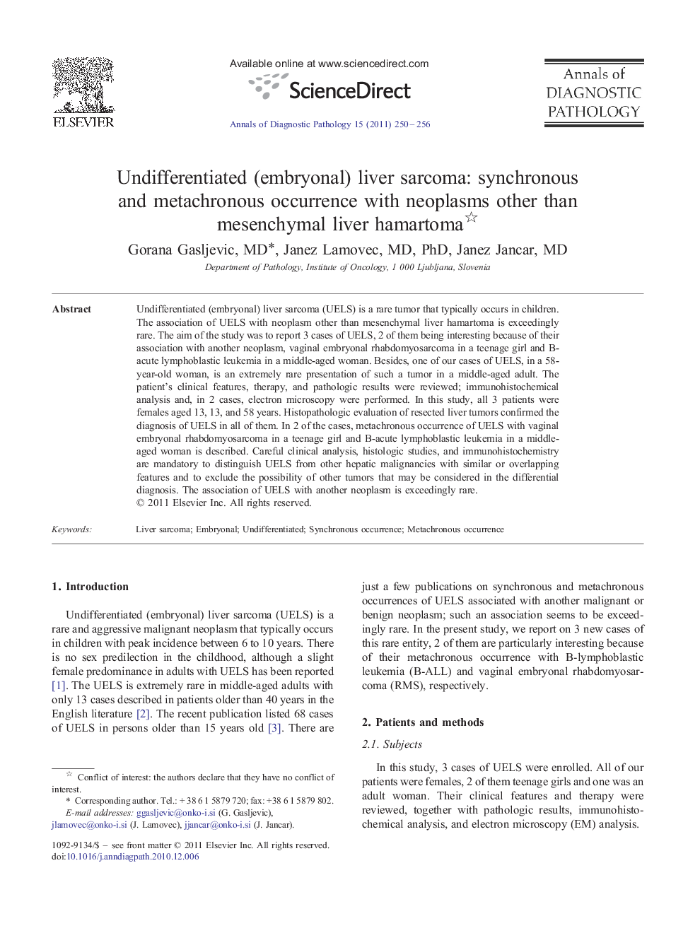 Undifferentiated (embryonal) liver sarcoma: synchronous and metachronous occurrence with neoplasms other than mesenchymal liver hamartoma 