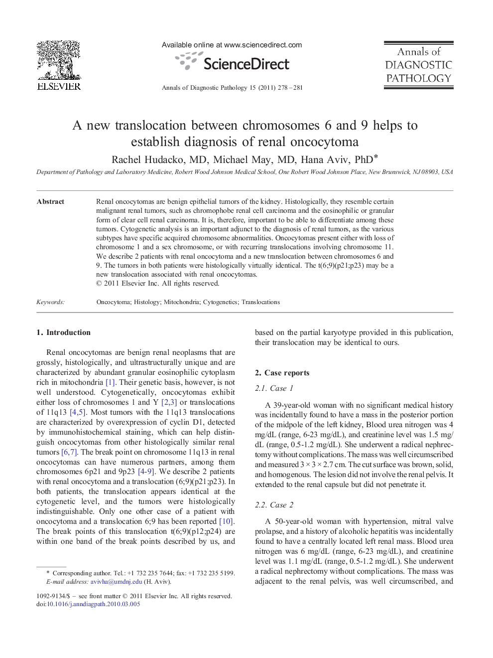 A new translocation between chromosomes 6 and 9 helps to establish diagnosis of renal oncocytoma