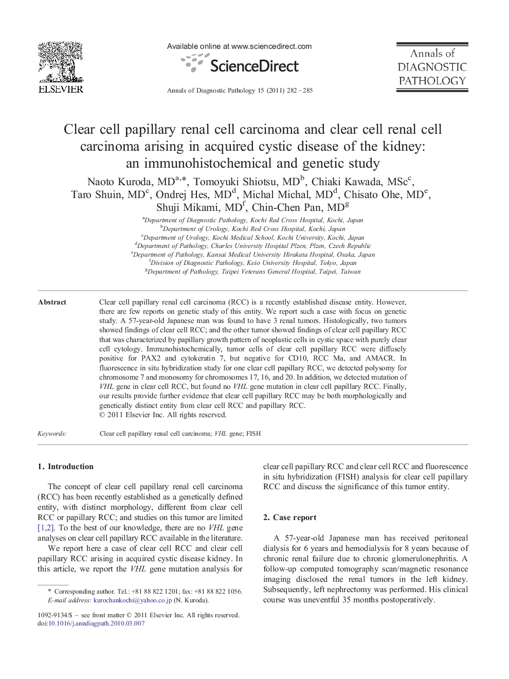 Clear cell papillary renal cell carcinoma and clear cell renal cell carcinoma arising in acquired cystic disease of the kidney: an immunohistochemical and genetic study