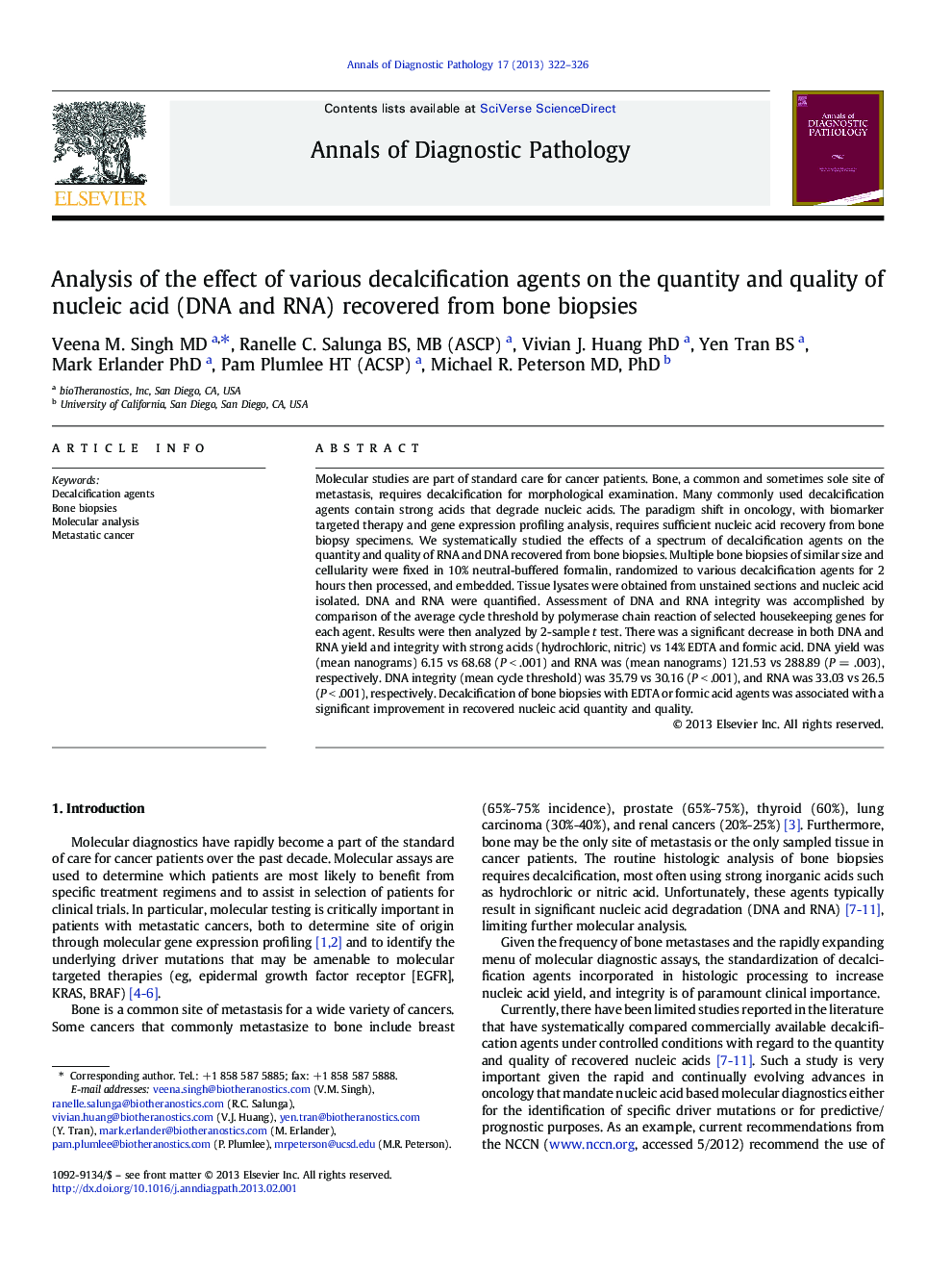 Analysis of the effect of various decalcification agents on the quantity and quality of nucleic acid (DNA and RNA) recovered from bone biopsies